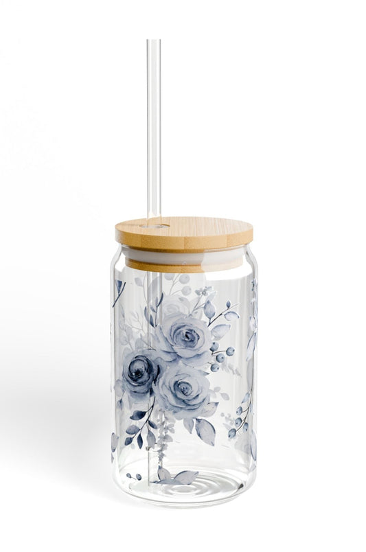 Southern Belle & Sea™ Blue Willow Rose sipper glass with floral design, bamboo lid, and straw, 16oz front view