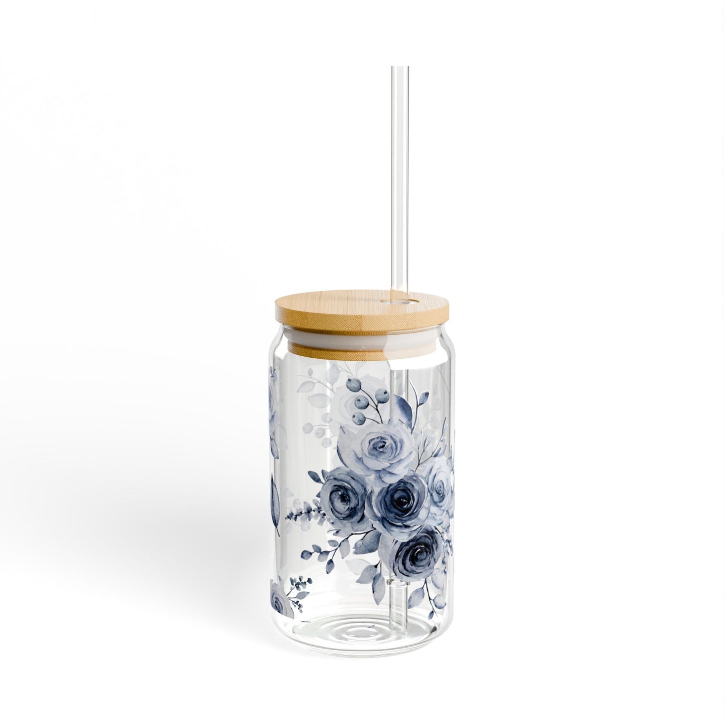 Close-up of bamboo lid and reusable Tritan straw on Blue Willow Rose sipper glass, Southern Belle & Sea™