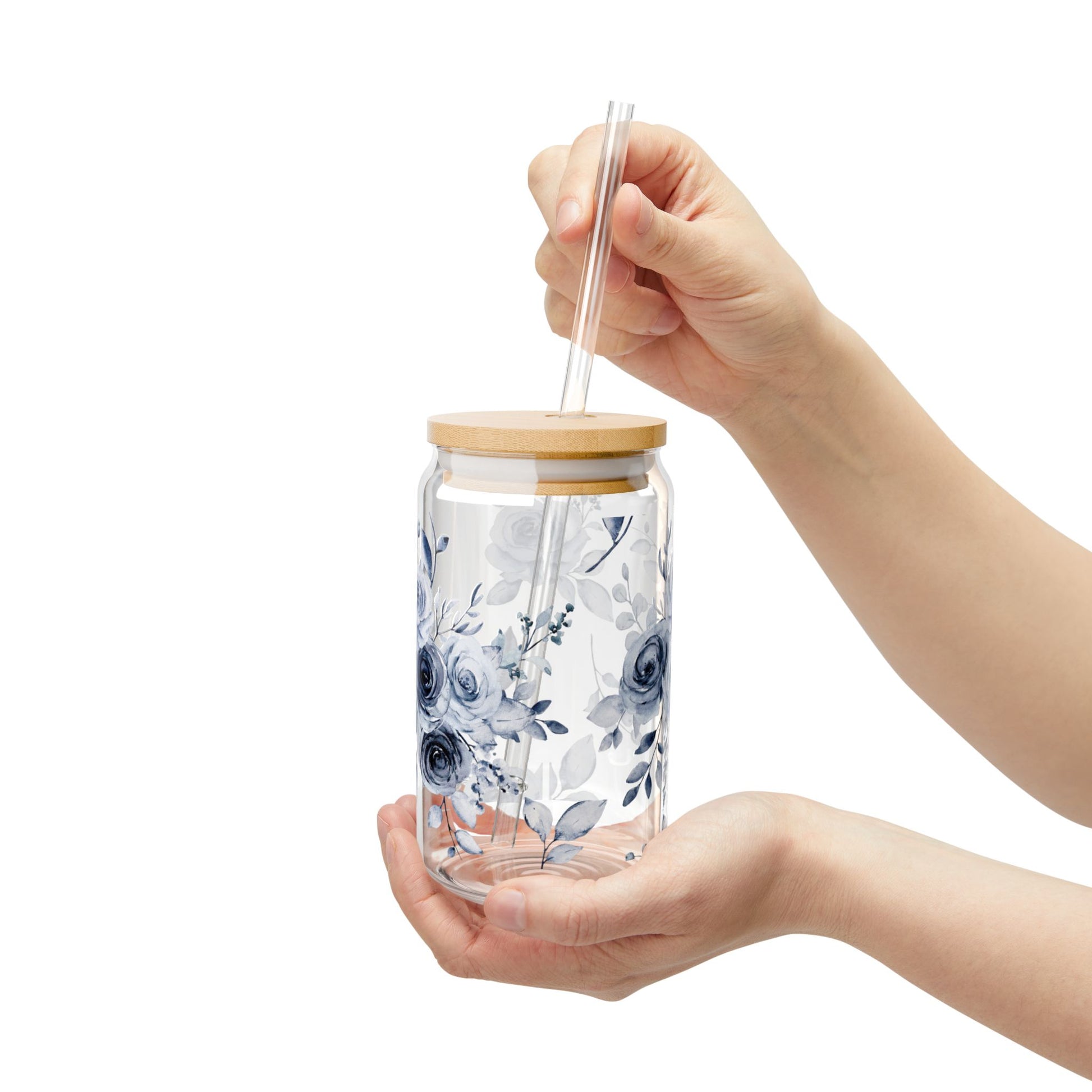 Southern Belle & Sea™ Blue Willow Rose sipper glass styled on table with drinks, 16oz eco-friendly floral cup