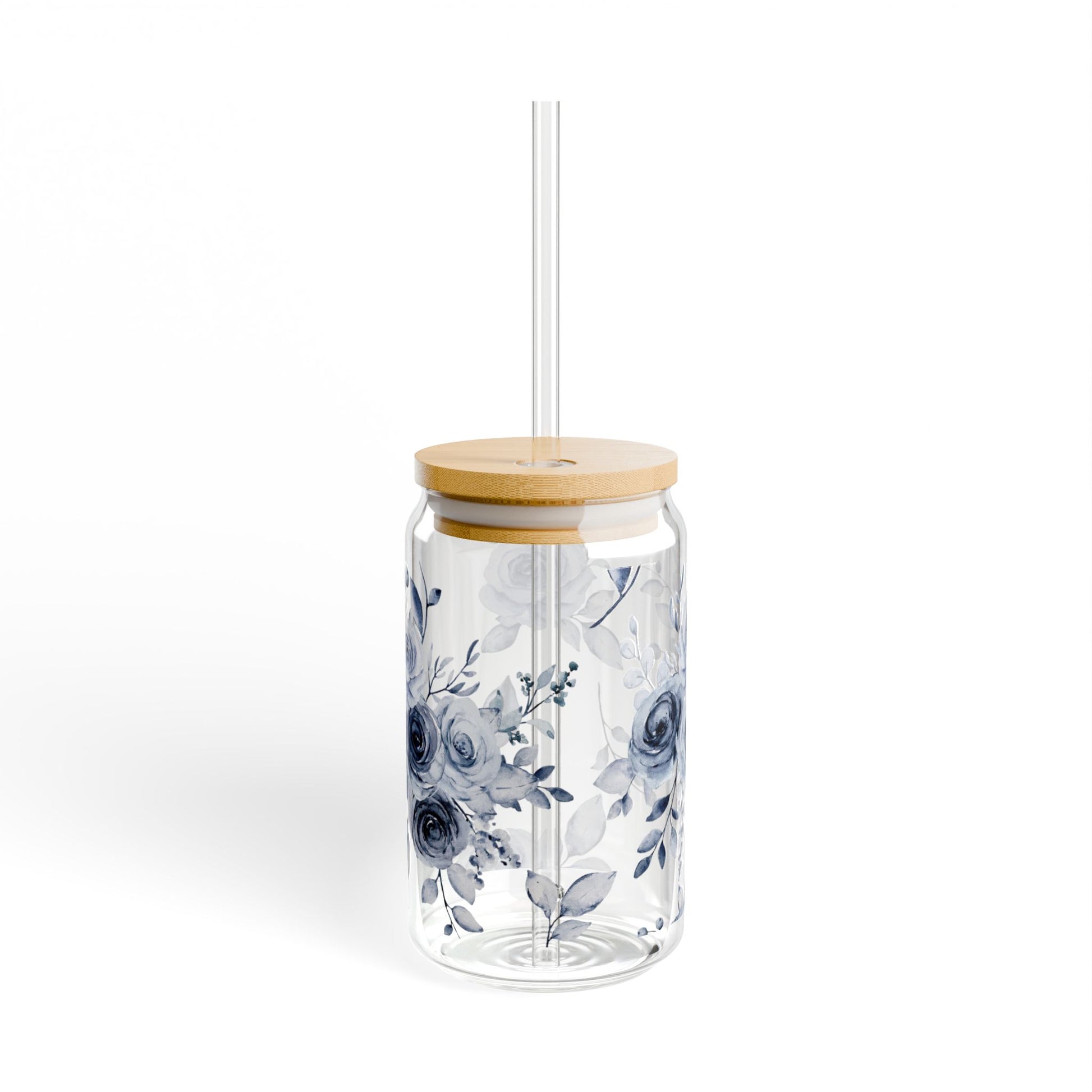 16oz Blue Willow Rose sipper glass flat product shot, eco-friendly drinkware by Southern Belle & Sea™