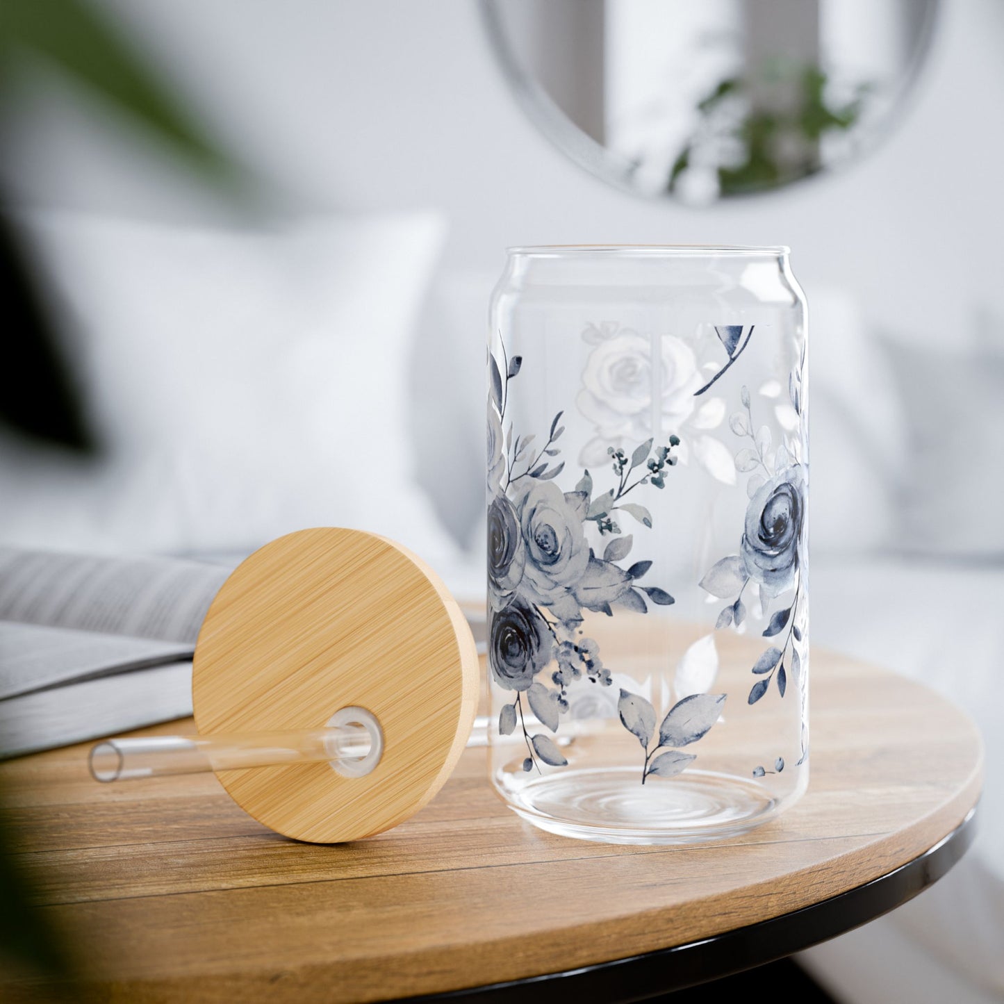 16oz Blue Willow Rose floral sipper glass shown in hand for size reference, Southern Belle & Sea™ drinkware