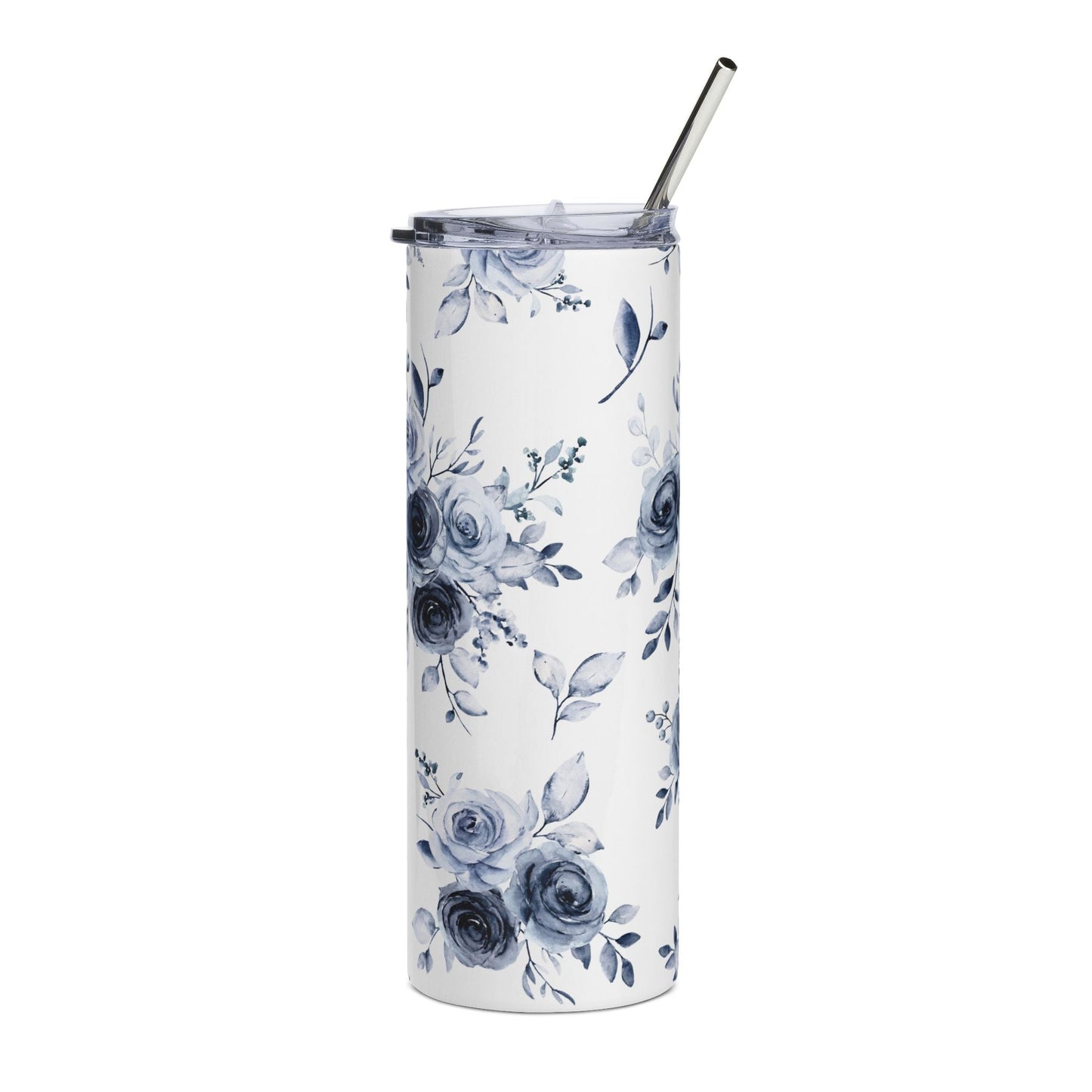 Blue Willow Rose Tumbler (20oz Stainless Steel) — Blue Willow Rose Collection | Southern Belle & Sea™ - Southern Belle & Sea