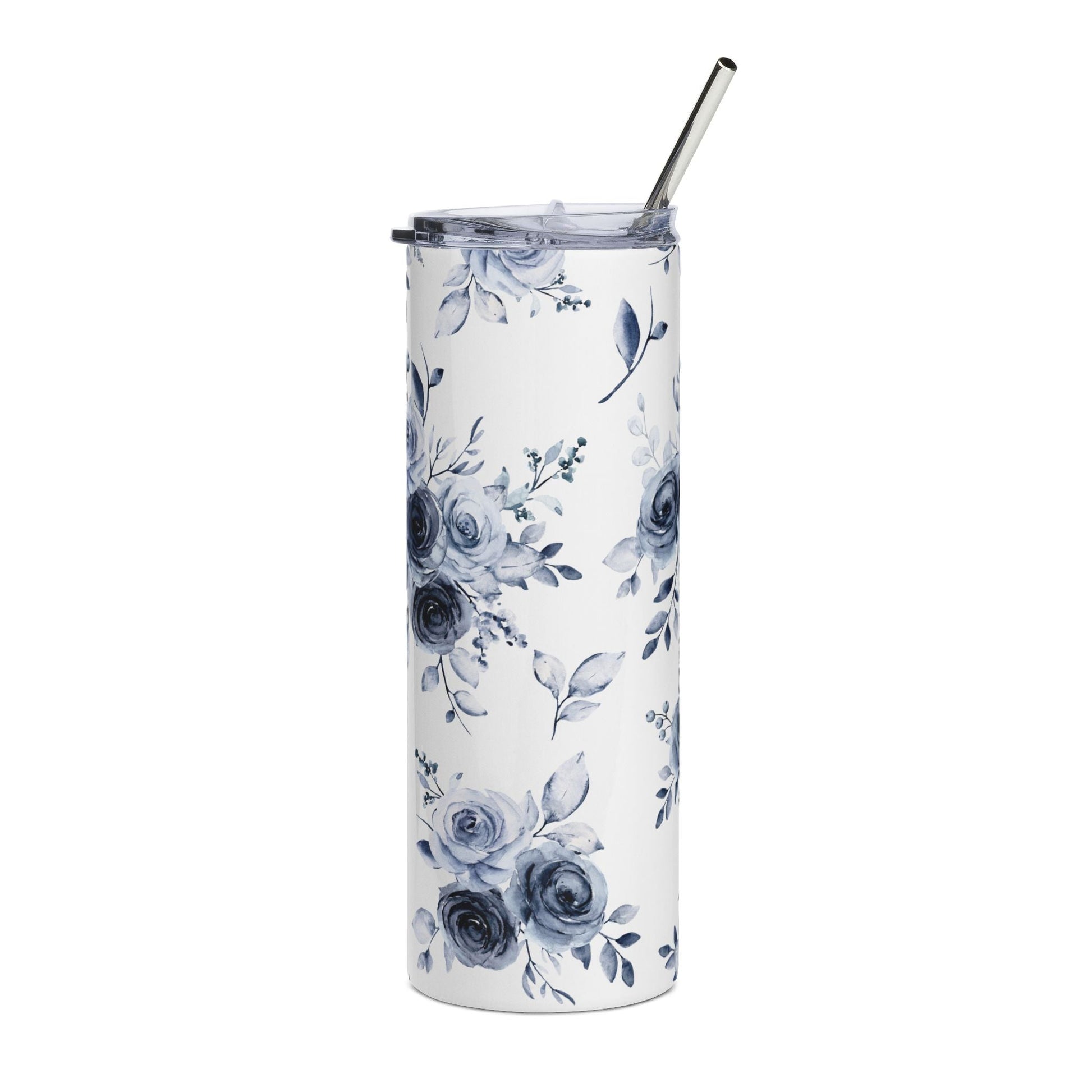 Blue Willow Rose Tumbler (20oz Stainless Steel) — Blue Willow Rose Collection | Southern Belle & Sea™ - Southern Belle & Sea