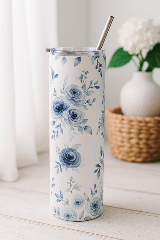 Southern Belle & Sea™ Blue Willow Rose stainless steel tumbler with straw, 20oz floral drinkware design