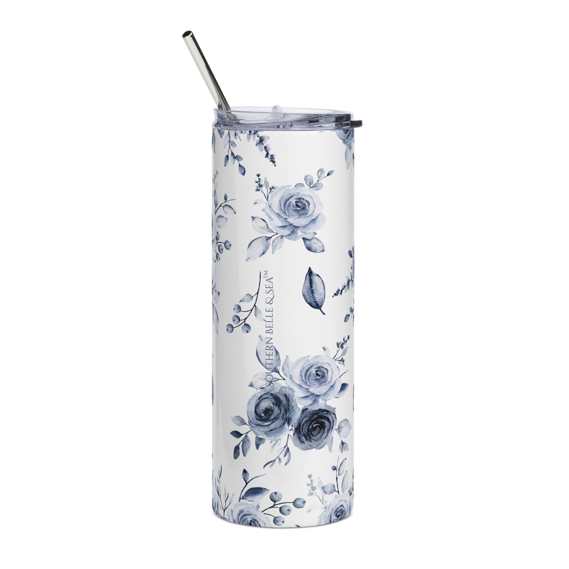 20oz stainless steel tumbler with Blue Willow Rose design, Christian floral drinkware by Southern Belle & Sea™