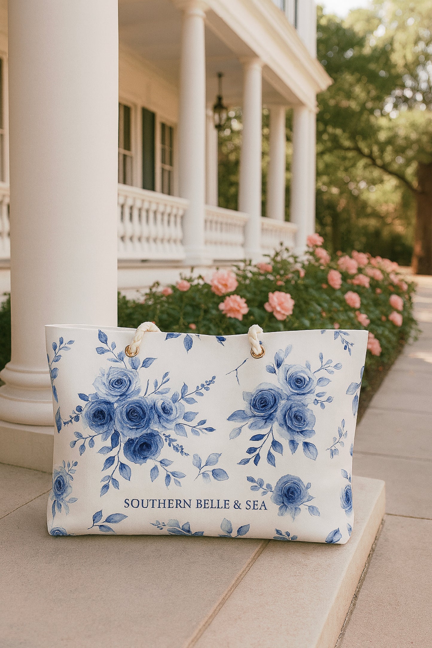 Southern Belle & Sea™ Blue Willow Rose weekender tote bag with oversized floral design, front lifestyle view