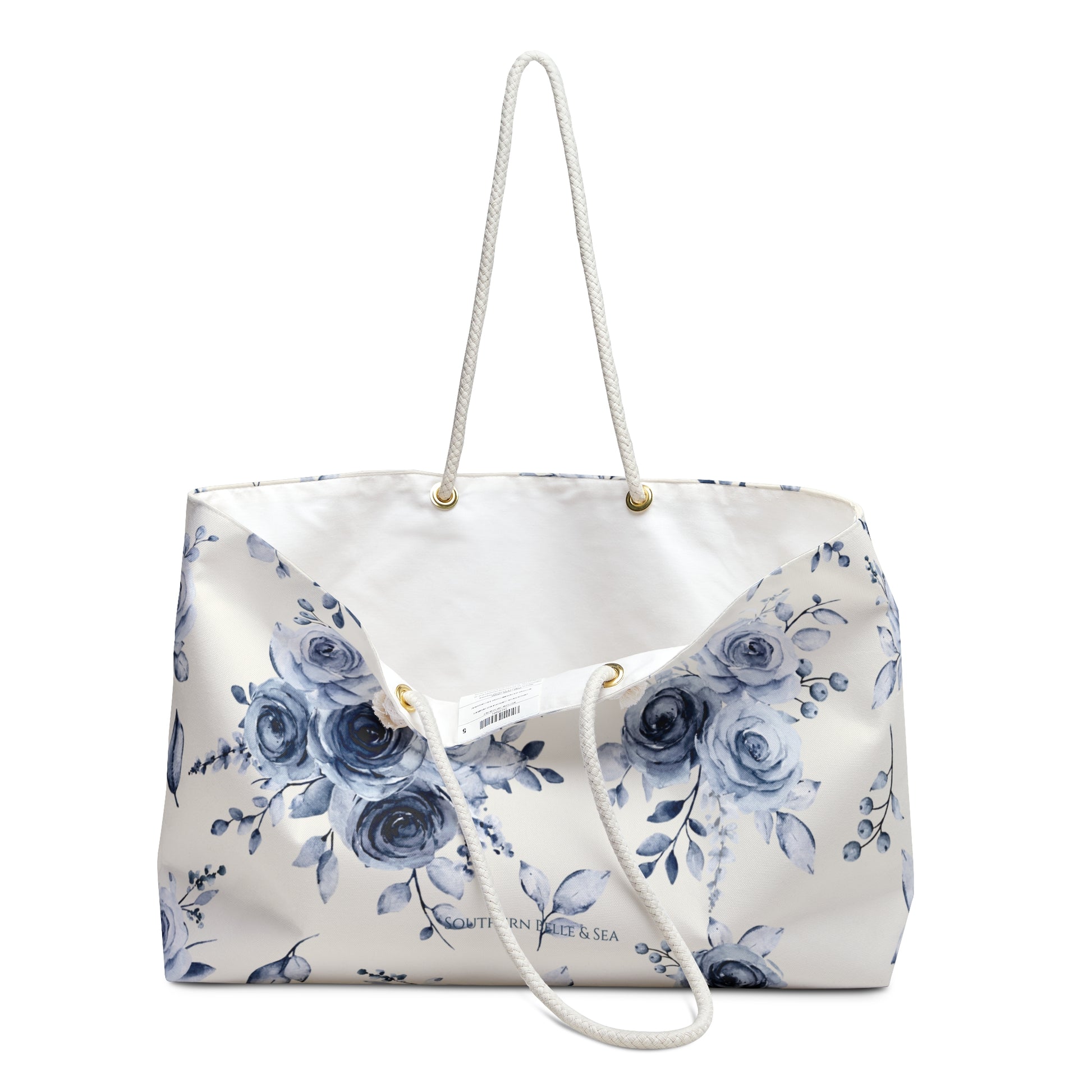 Blue Willow Rose oversized weekender tote bag flat product shot, durable rope handles, floral design by Southern Belle & Sea™