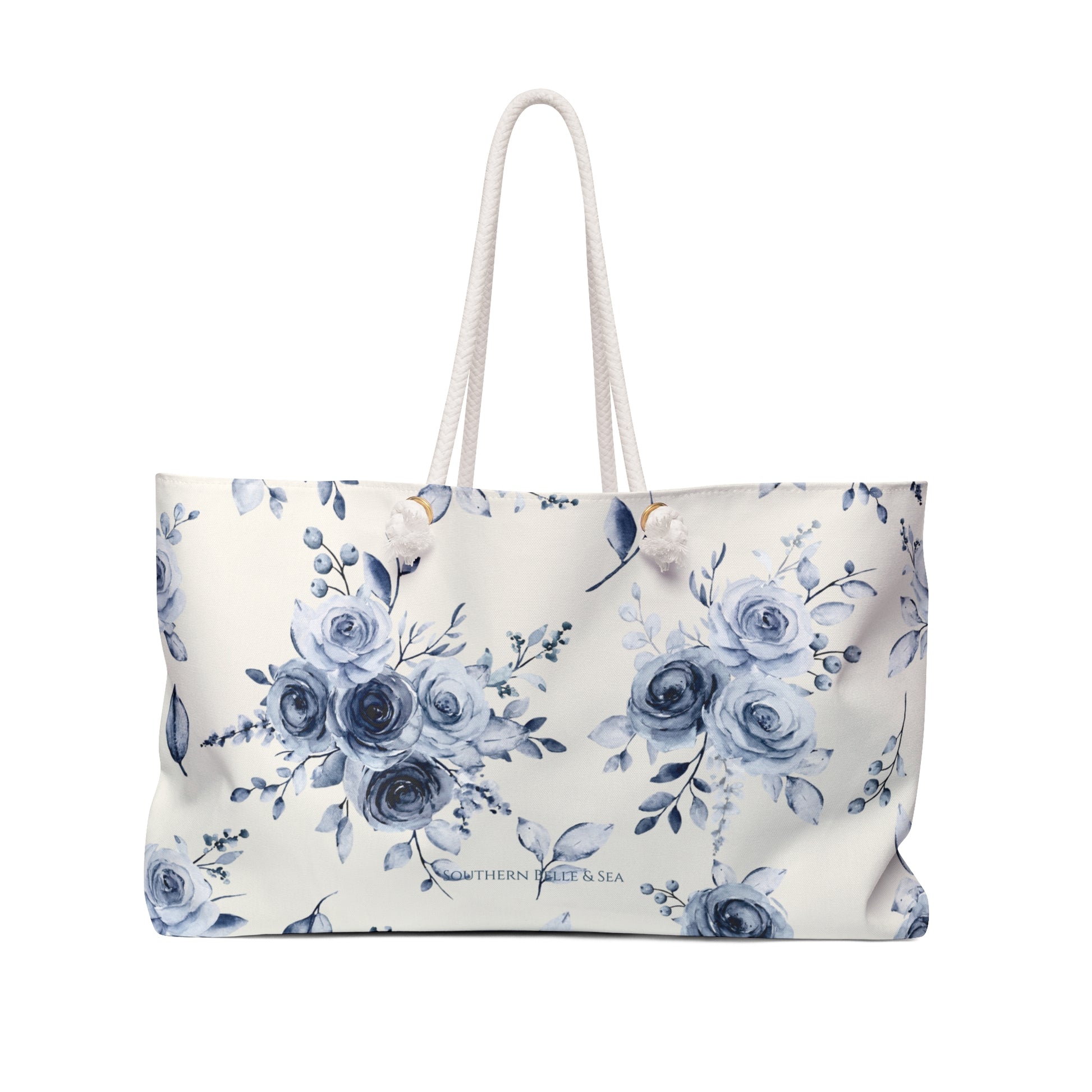 Blue Willow Rose floral weekender tote shown at side angle, oversized travel bag for daily essentials by Southern Belle & Sea™