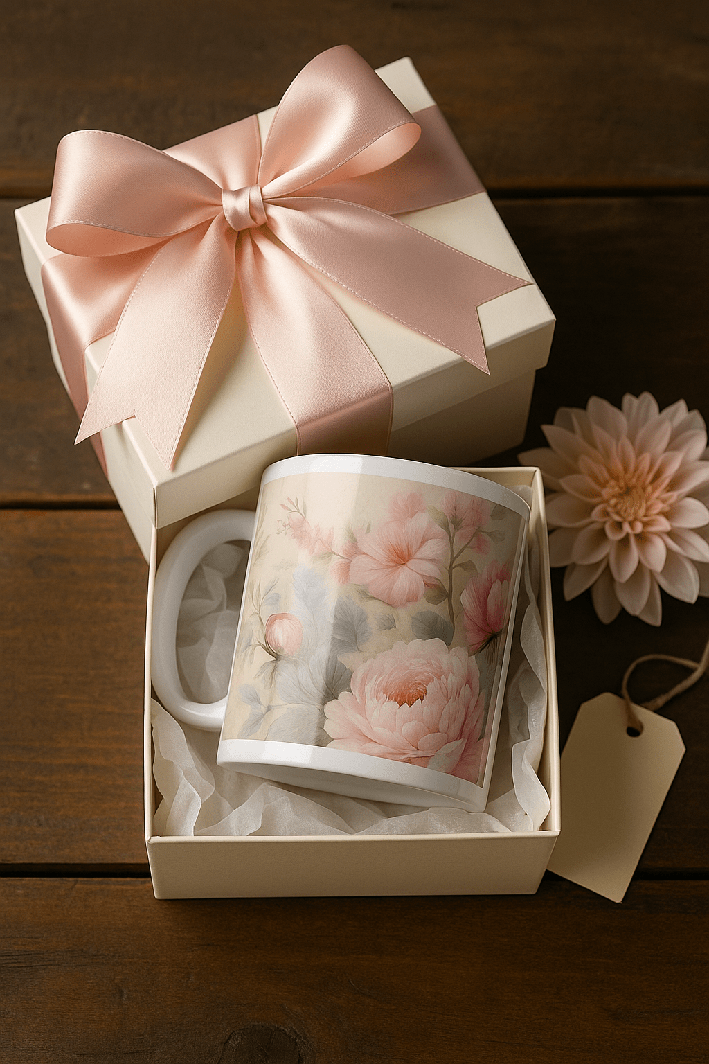 Blush pink peonies ceramic mug front view on neutral background