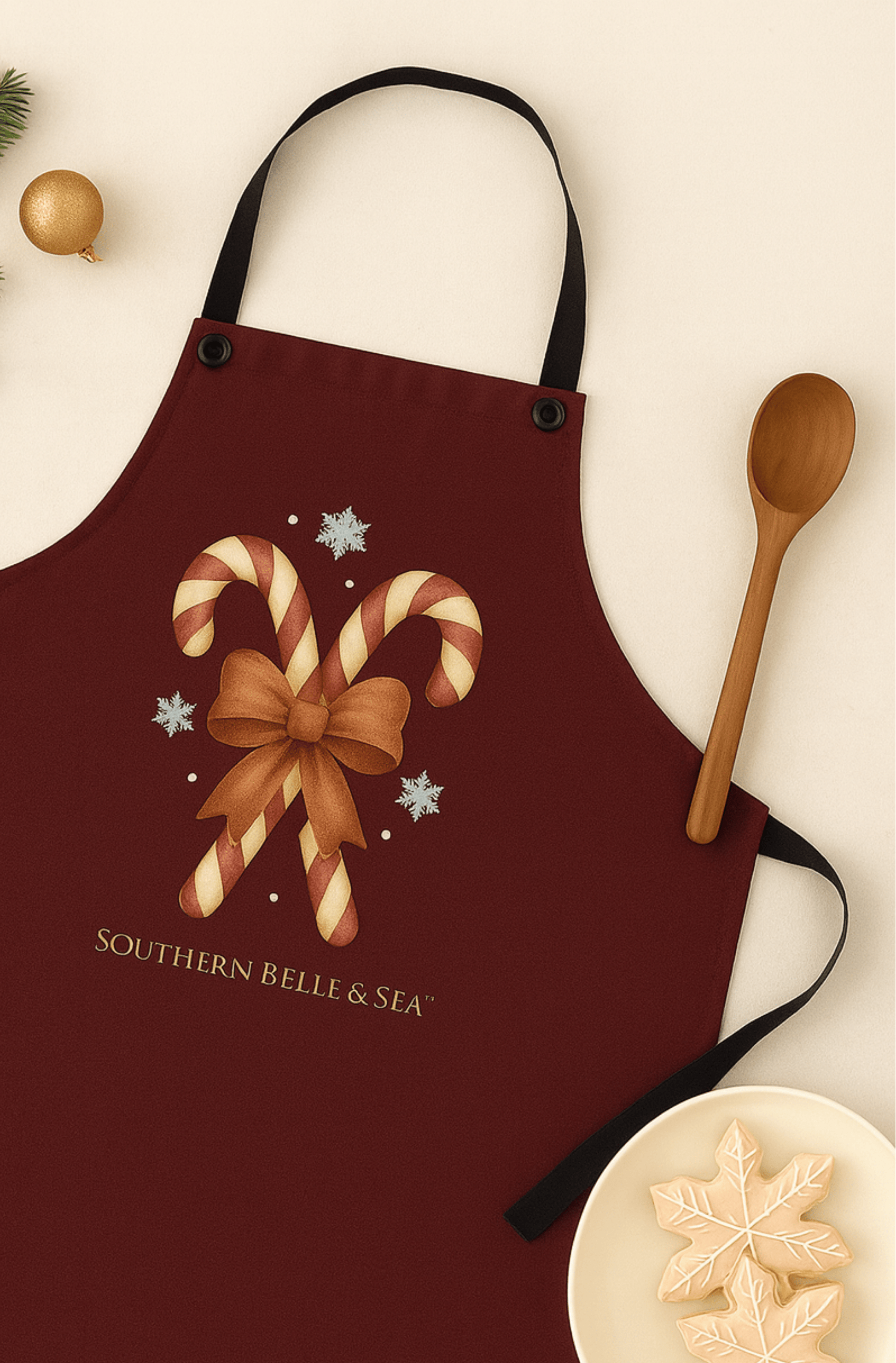 Candy Cane Burgundy Apron — Classic Noel Edition | Southern Belle & Sea™ - Southern Belle & Sea