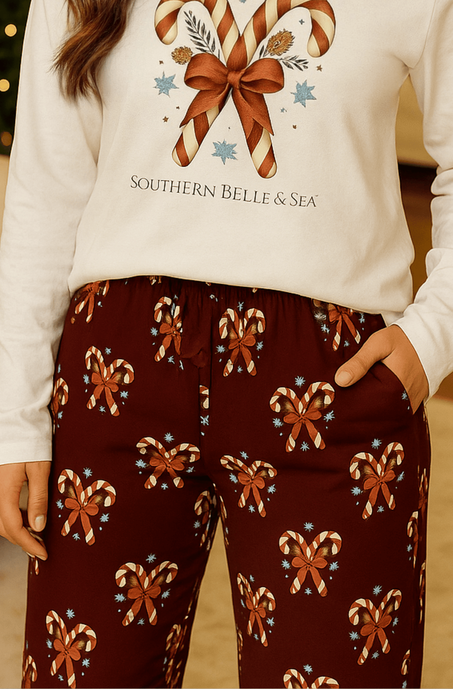 Candy Cane Burgundy Lounge Pants — Classic Noel Edition | Southern Belle & Sea™ - Southern Belle & Sea