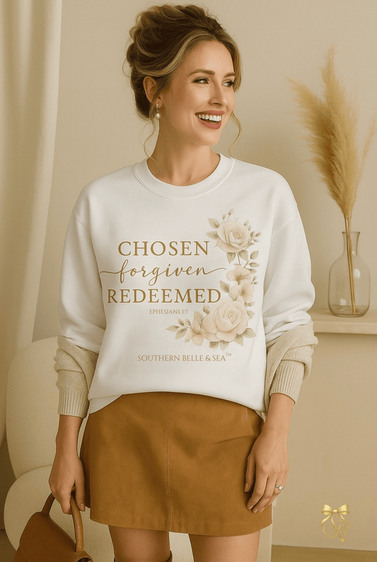 Chosen, Forgiven, Redeemed Sweatshirt — Southern Summer Roses | Southern Belle & Sea™ - Southern Belle & Sea