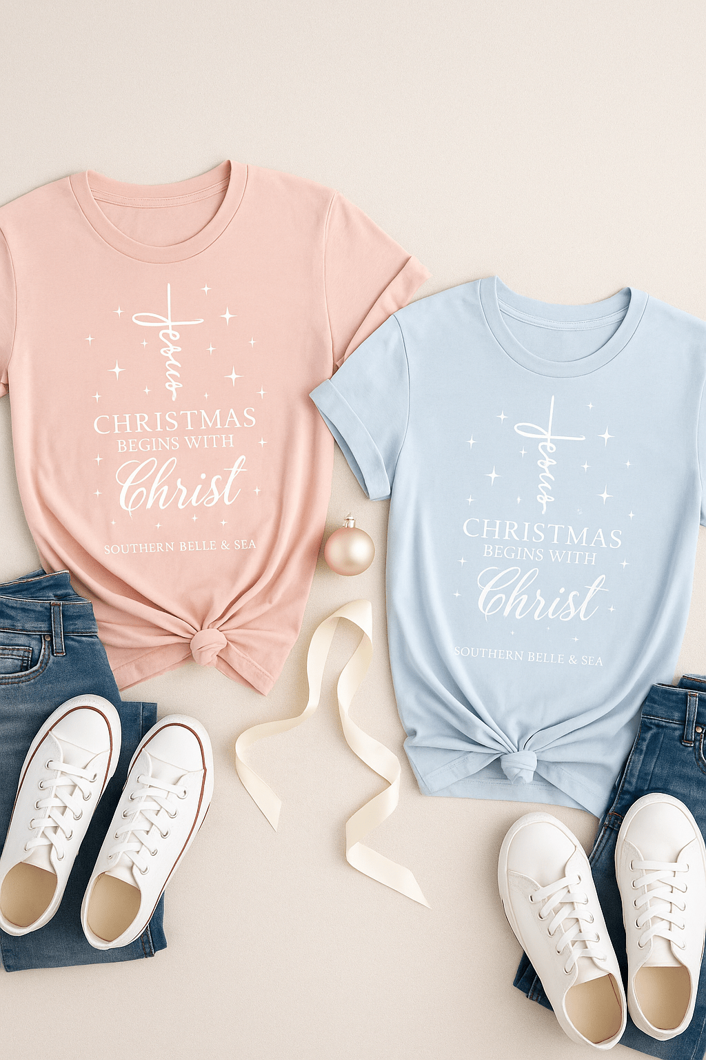  “Christmas Begins with Christ” Christian T-shirt flat lay — pink and blue Bella+Canvas faith shirts with star cross design