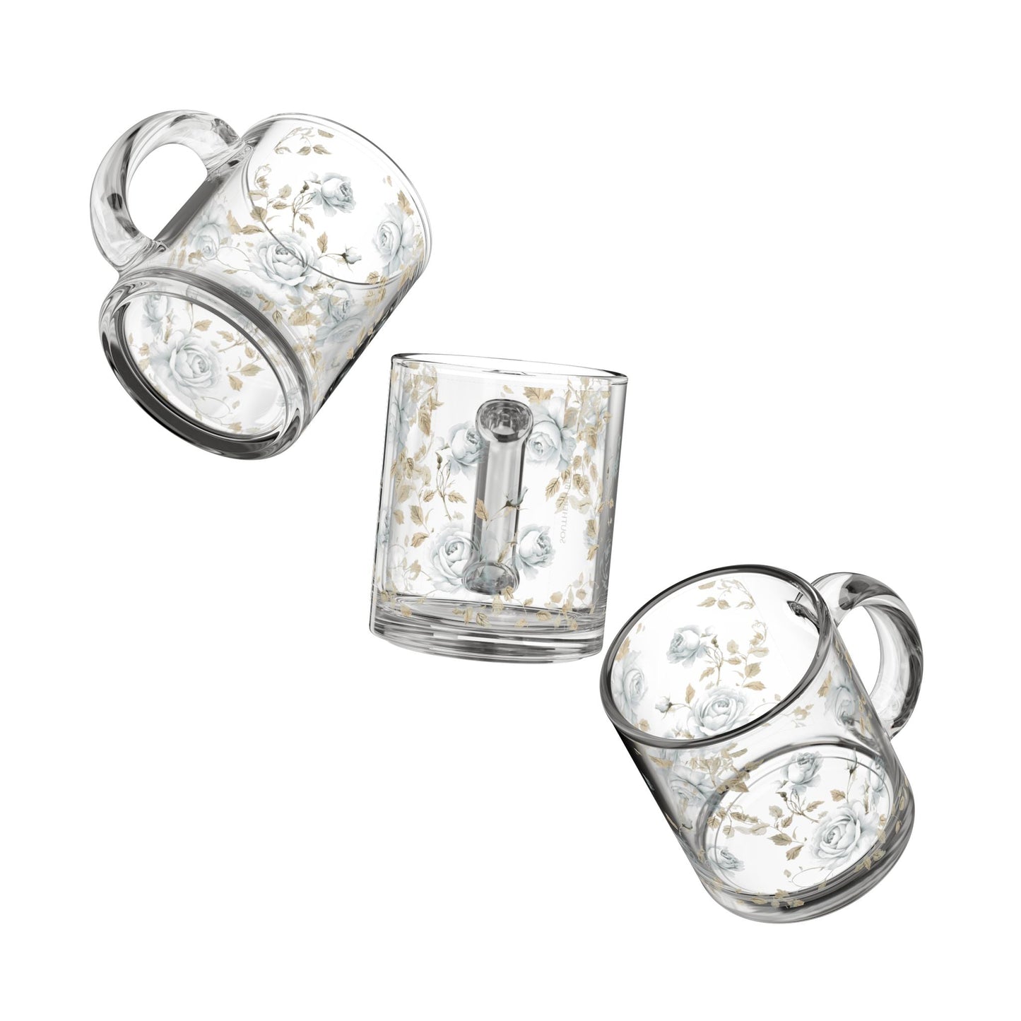 Clear Glass Mug with Blue Rosebuds & Petals — Blue & Gold Rose Monogram Series | Southern Belle & Sea™ - Southern Belle & Sea