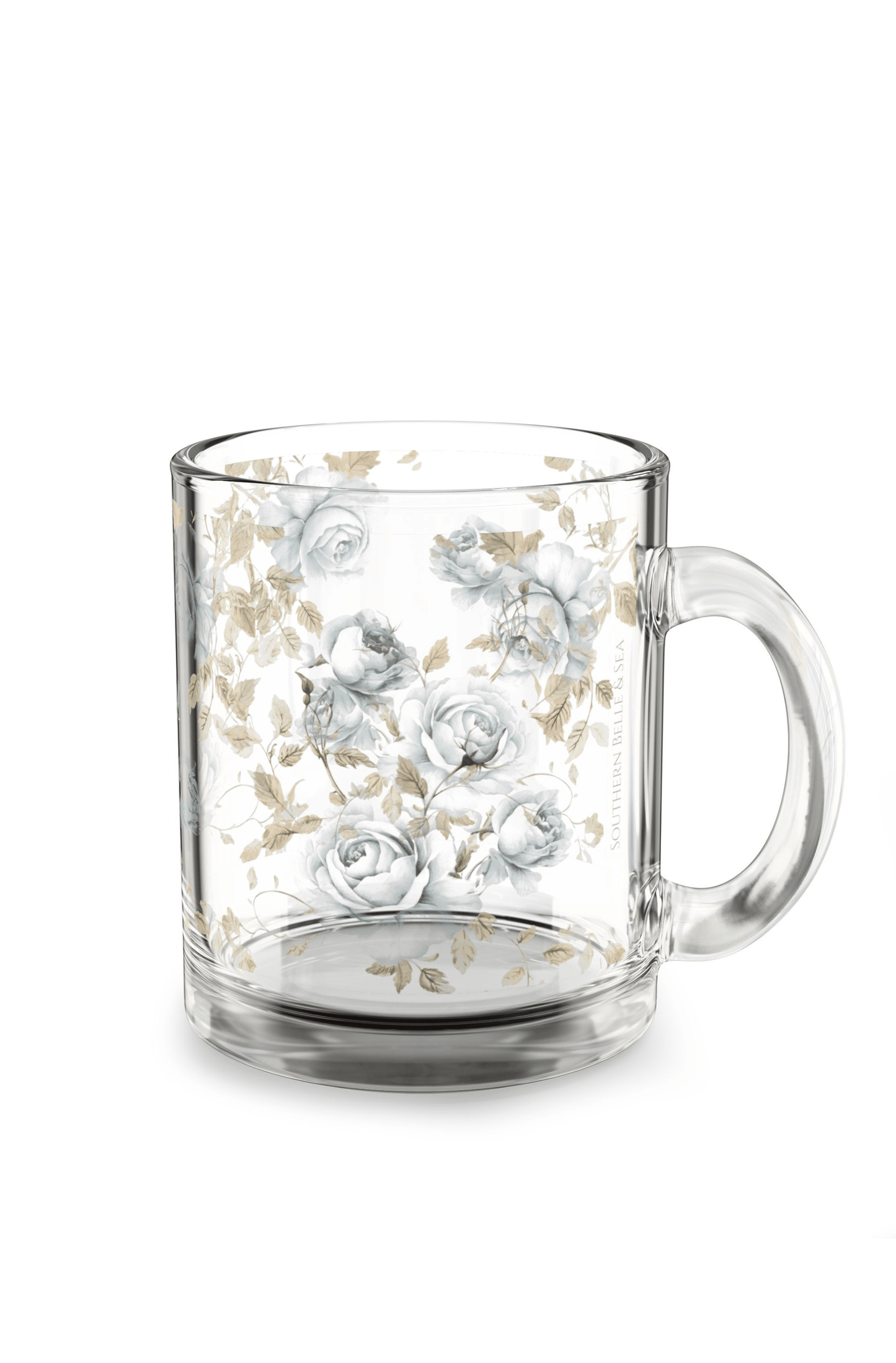 Clear Glass Mug with Blue Rosebuds & Petals — Blue & Gold Rose Monogram Series | Southern Belle & Sea™ - Southern Belle & Sea