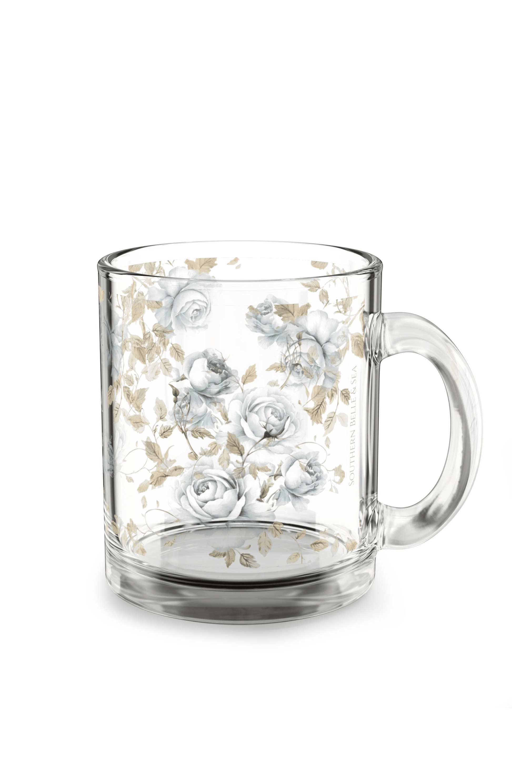 Clear Glass Mug with Blue Rosebuds & Petals — Blue & Gold Rose Monogram Series | Southern Belle & Sea™ - Southern Belle & Sea