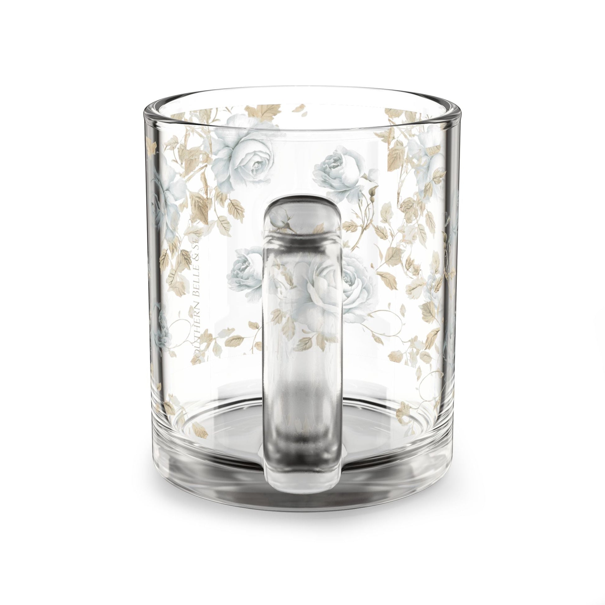 Clear Glass Mug with Blue Rosebuds & Petals — Blue & Gold Rose Monogram Series | Southern Belle & Sea™ - Southern Belle & Sea