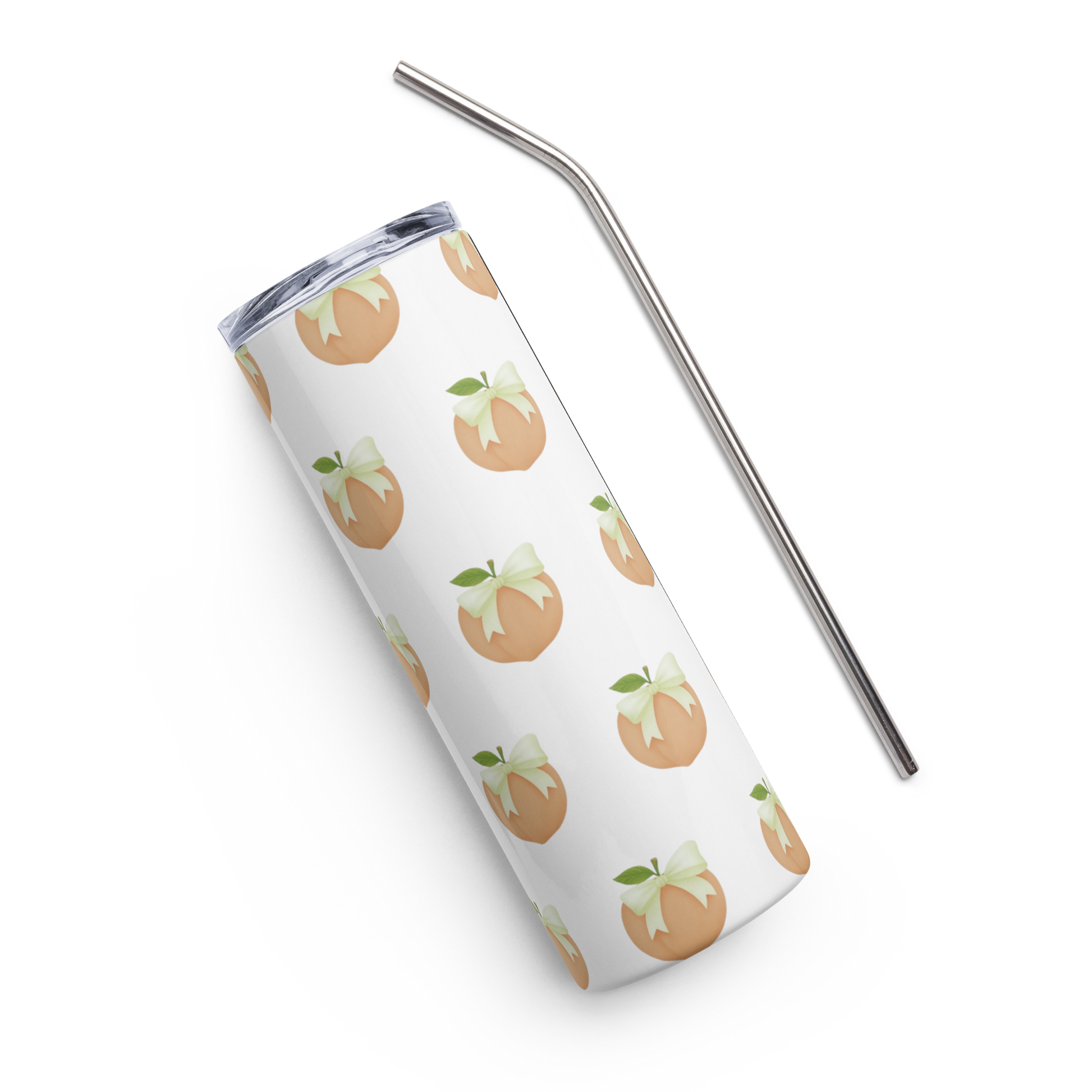 Stainless steel tumbler with allover peach design shown with removable metal straw on white background.