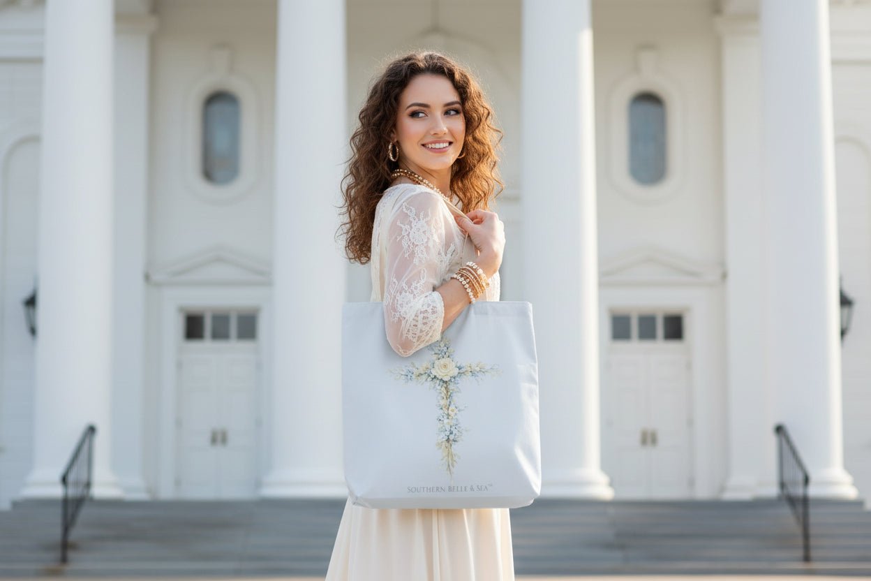 Floral Cross Canvas Tote — Faith & Grace Collection | Southern Belle & Sea™ - Southern Belle & Sea