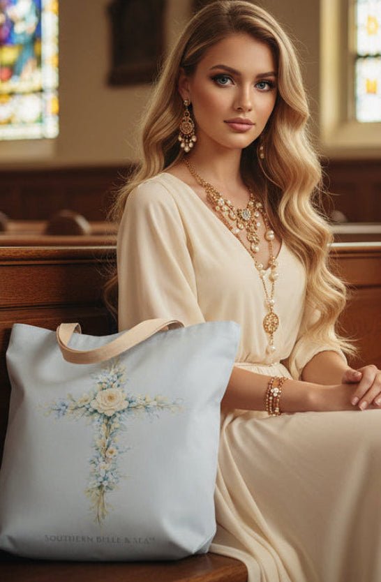 Floral Cross Canvas Tote — Faith & Grace Collection | Southern Belle & Sea™ - Southern Belle & Sea