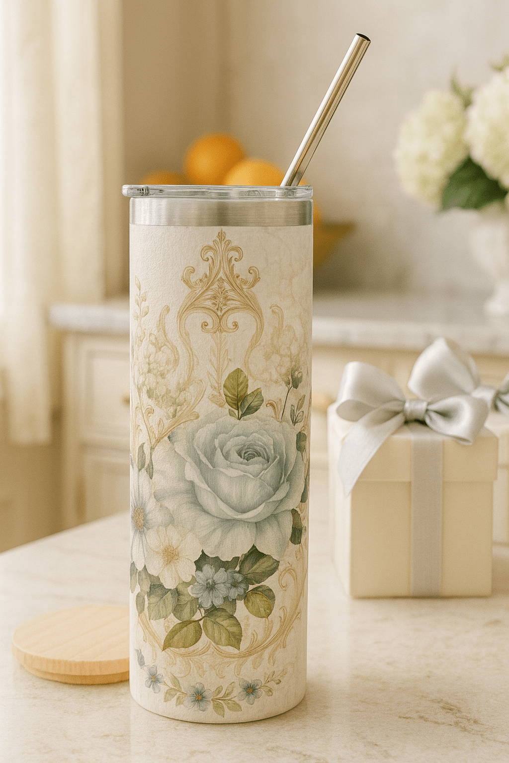 Floral Elegance Stainless Steel Tumbler, 20oz | Elegant Travel Mug, Gift for Her, Insulated Water Bottle, Eco - Friendly Drinkware - Southern Belle & Sea