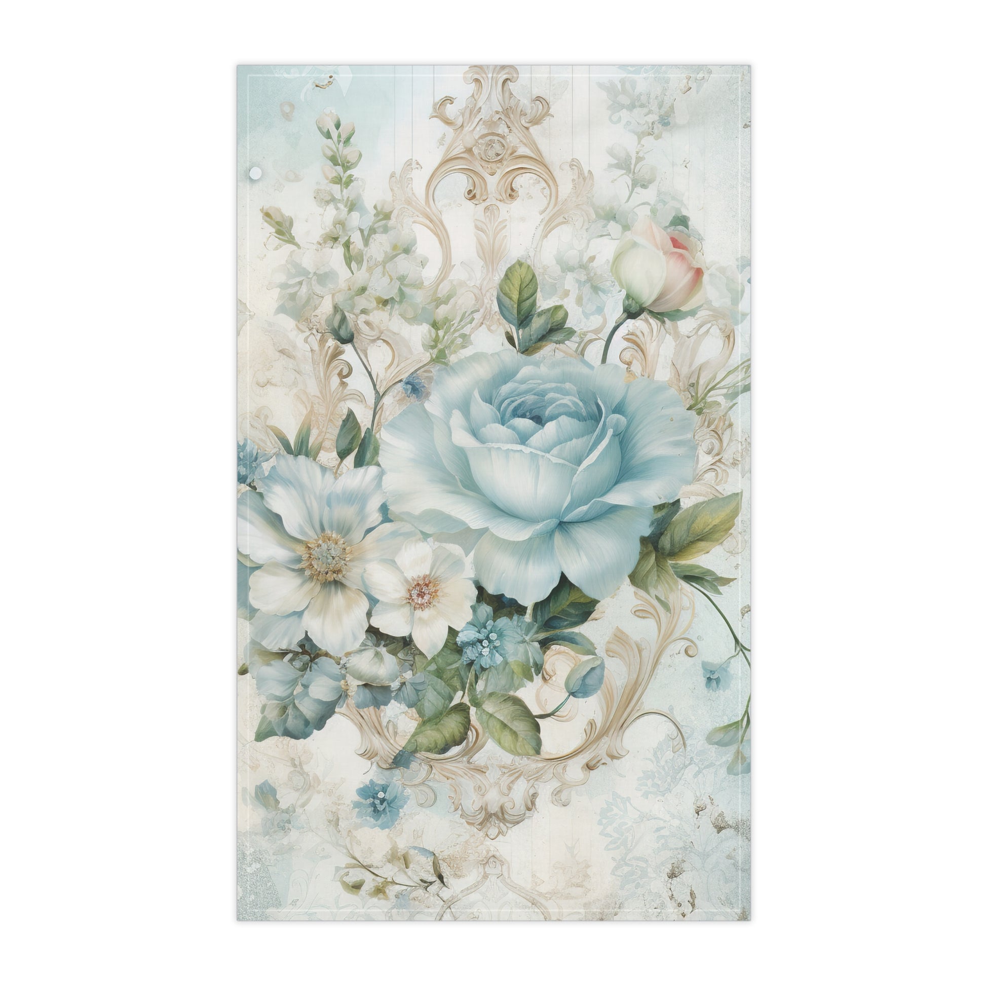 Flat lay of Floral Elegance Tea Towel, 18x30 lightweight cotton or polyester, hemmed edges and floral pattern