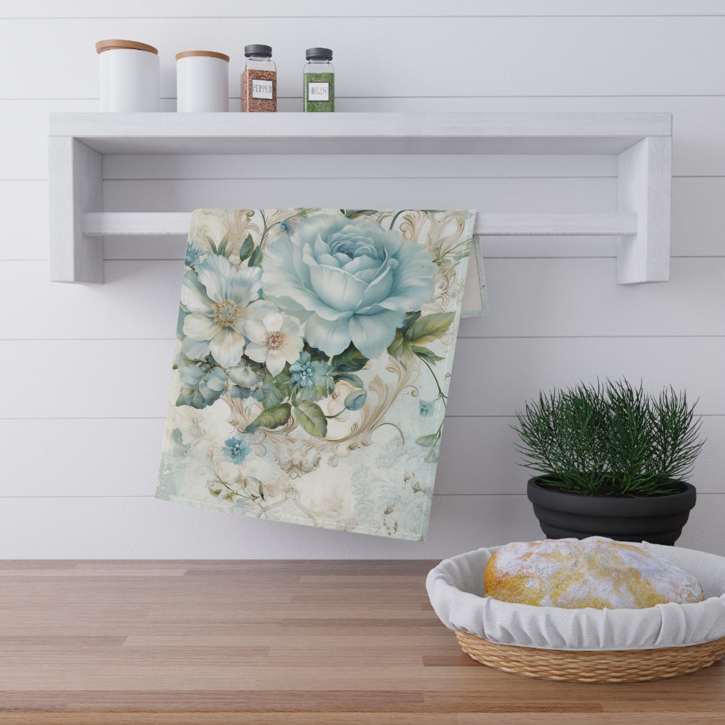 Southern Belle & Sea™ Floral Elegance Tea Towel styled in a cozy kitchen with florals, elegant Christian home décor accent