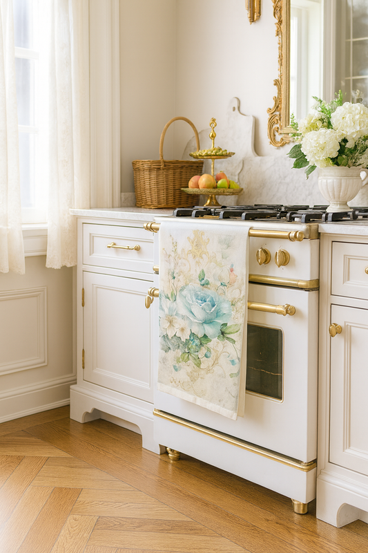 White kitchen stove with floral towel, fruit basket, and flowers on a light wood floor.