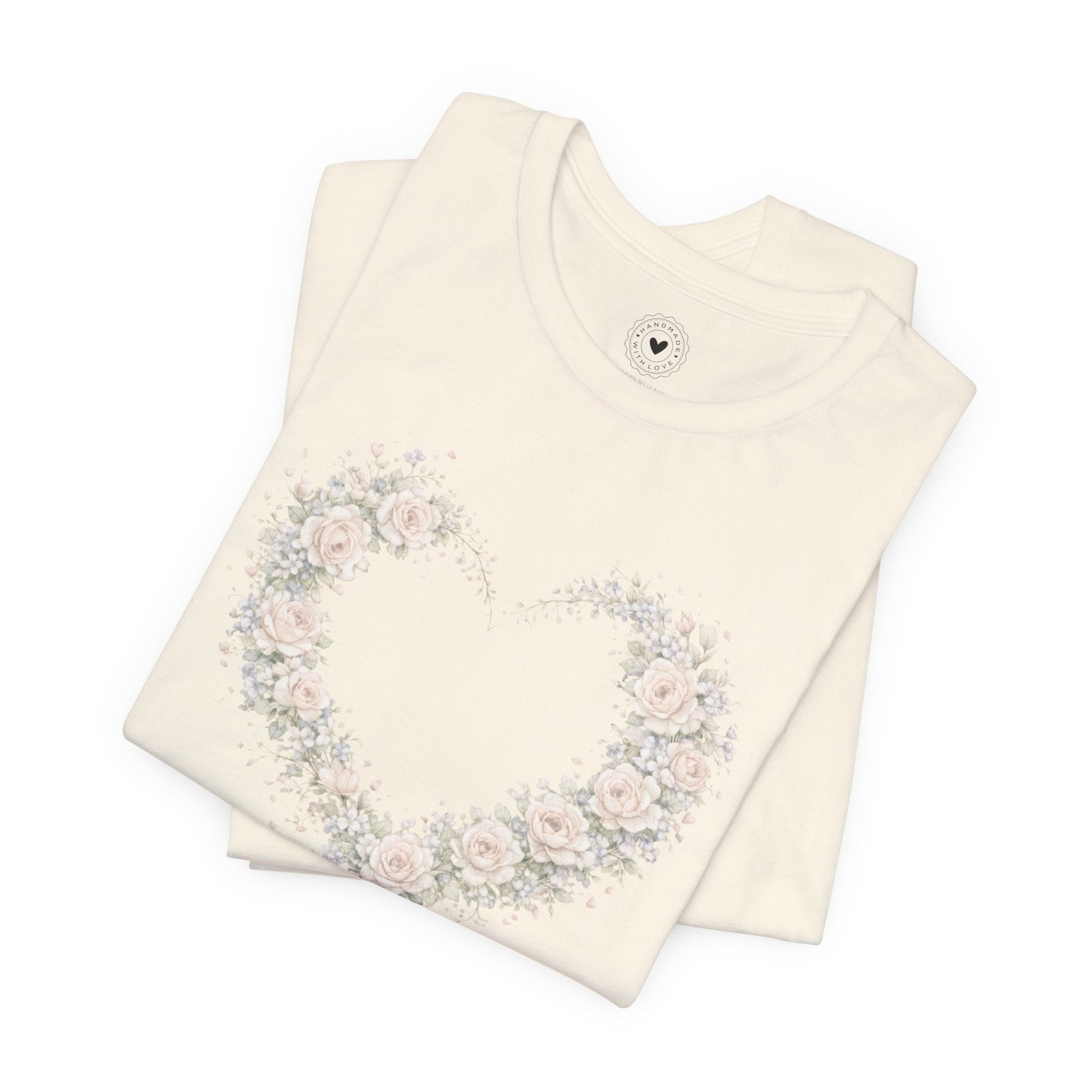 Front detail of watercolor floral heart artwork on Christian love shirt