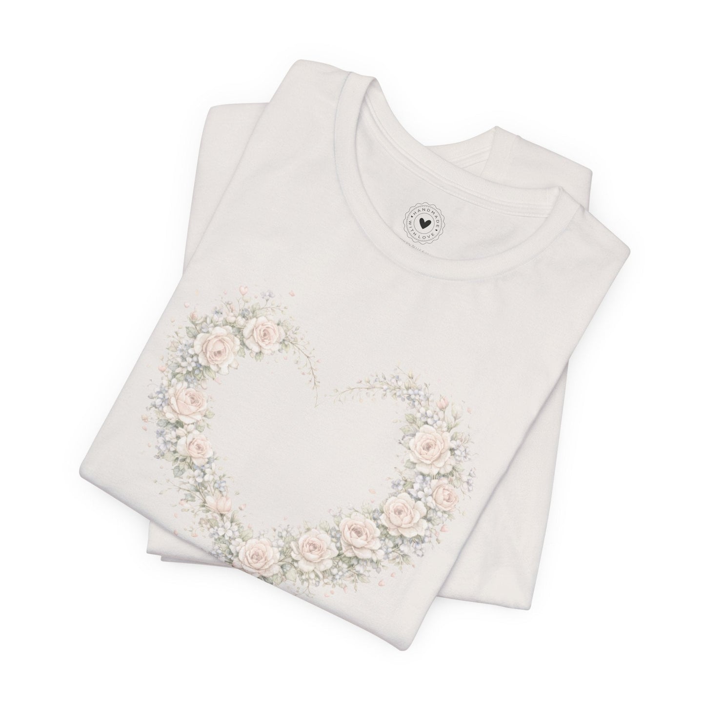 Soft aesthetic styling of floral heart love tee designed for comfort and grace