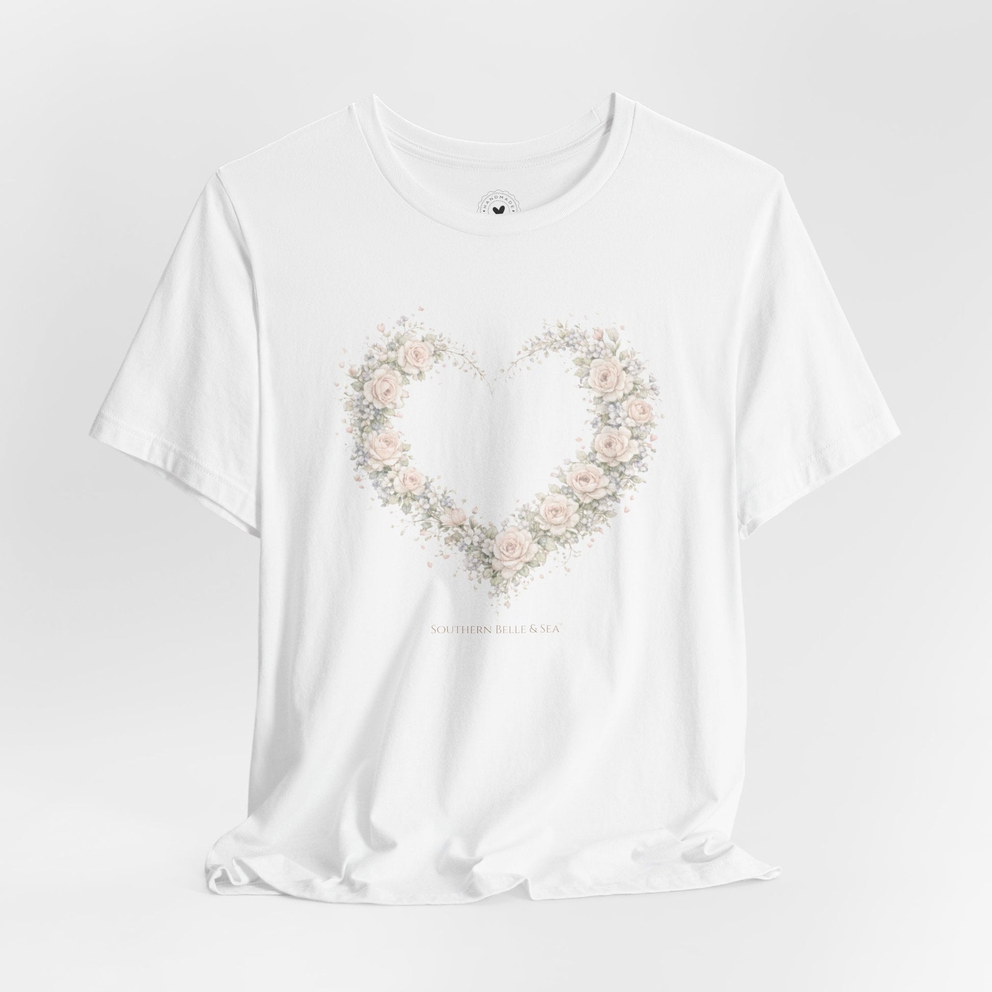 Soft cotton floral heart tee showing relaxed flattering unisex fit