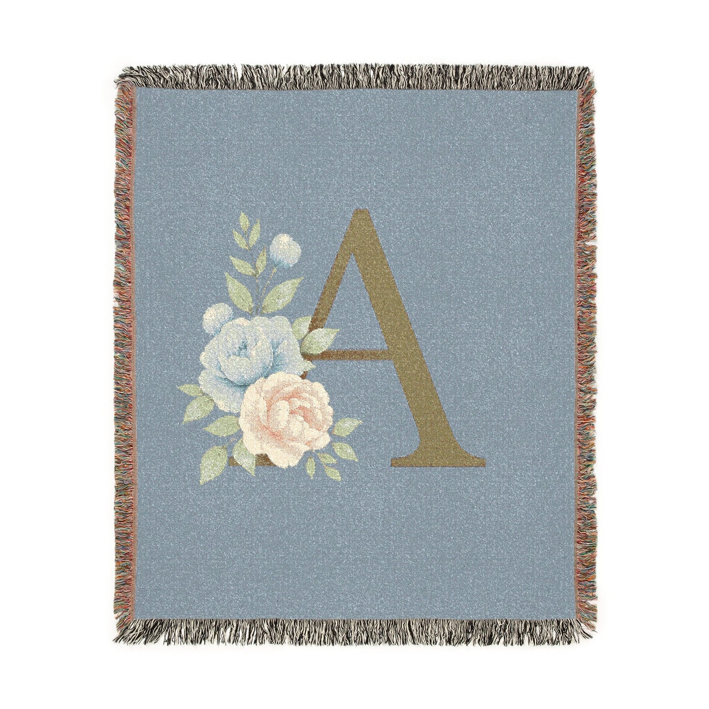 Floral Monogram A Woven Blanket (Blue Background) — Blue & Gold Rose Monogram Series | Southern Belle & Sea™ - Southern Belle & Sea