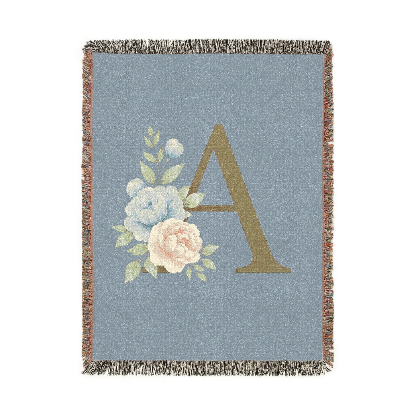 Floral Monogram A Woven Blanket (Blue Background) — Blue & Gold Rose Monogram Series | Southern Belle & Sea™ - Southern Belle & Sea
