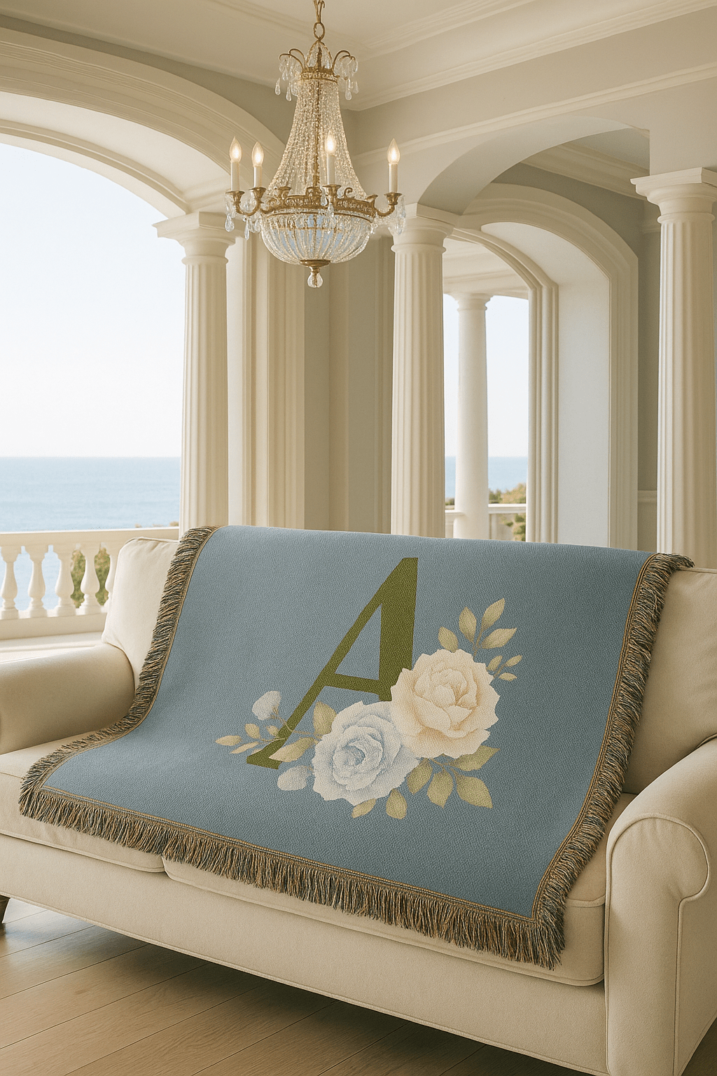 Floral Monogram A Woven Blanket (Blue Background) — Blue & Gold Rose Monogram Series | Southern Belle & Sea™ - Southern Belle & Sea