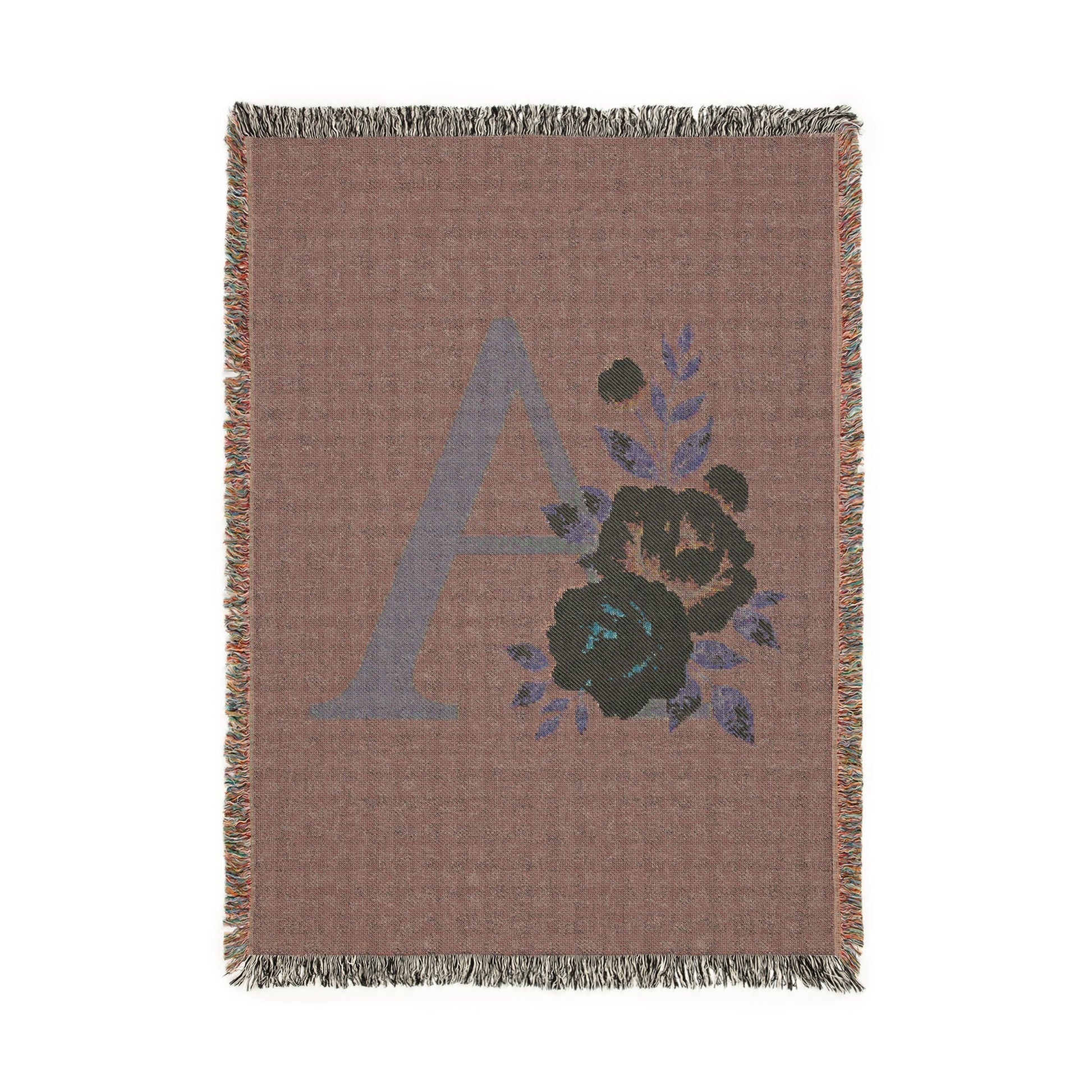 Floral Monogram A Woven Blanket (Blue Background) — Blue & Gold Rose Monogram Series | Southern Belle & Sea™ - Southern Belle & Sea