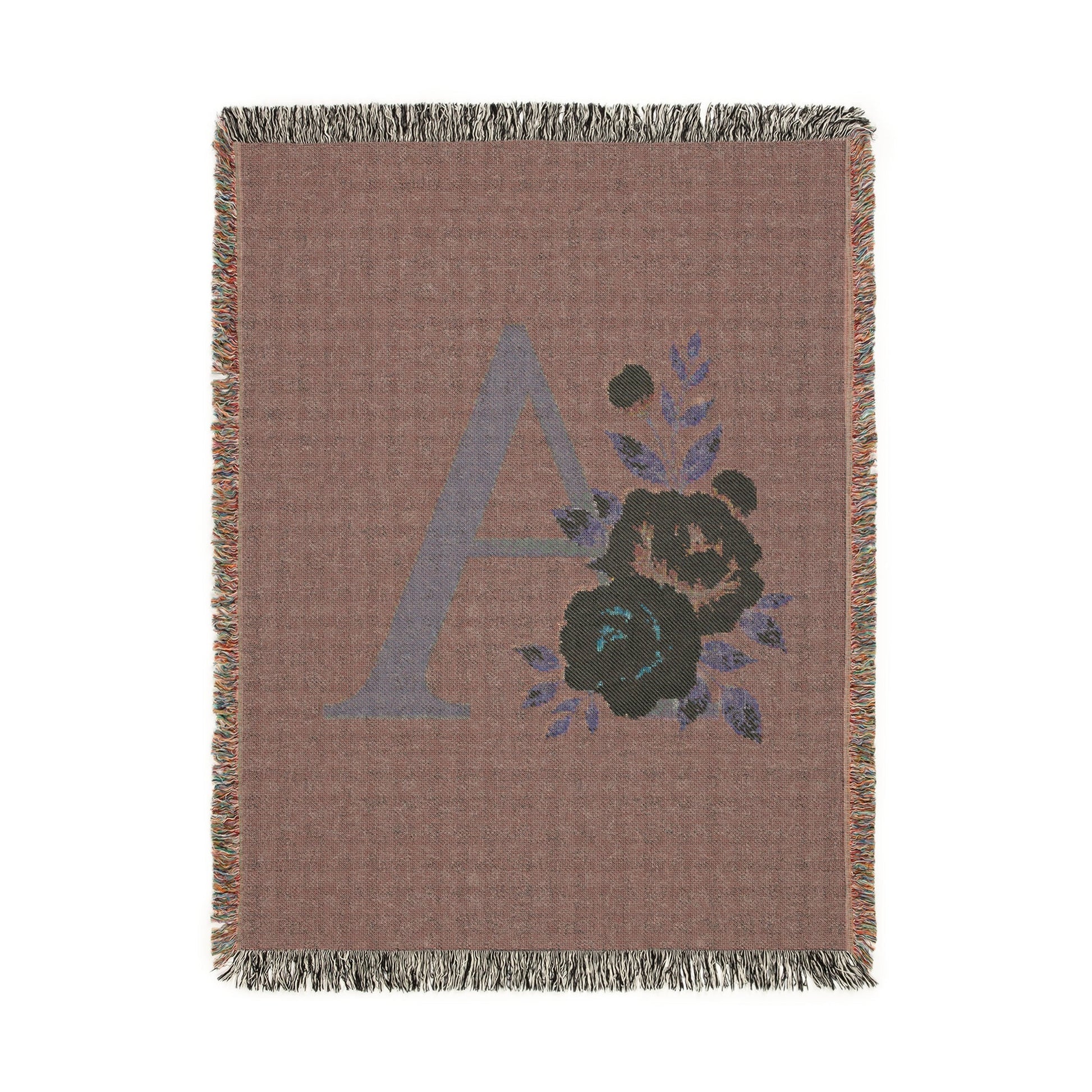 Floral Monogram A Woven Blanket (Blue Background) — Blue & Gold Rose Monogram Series | Southern Belle & Sea™ - Southern Belle & Sea