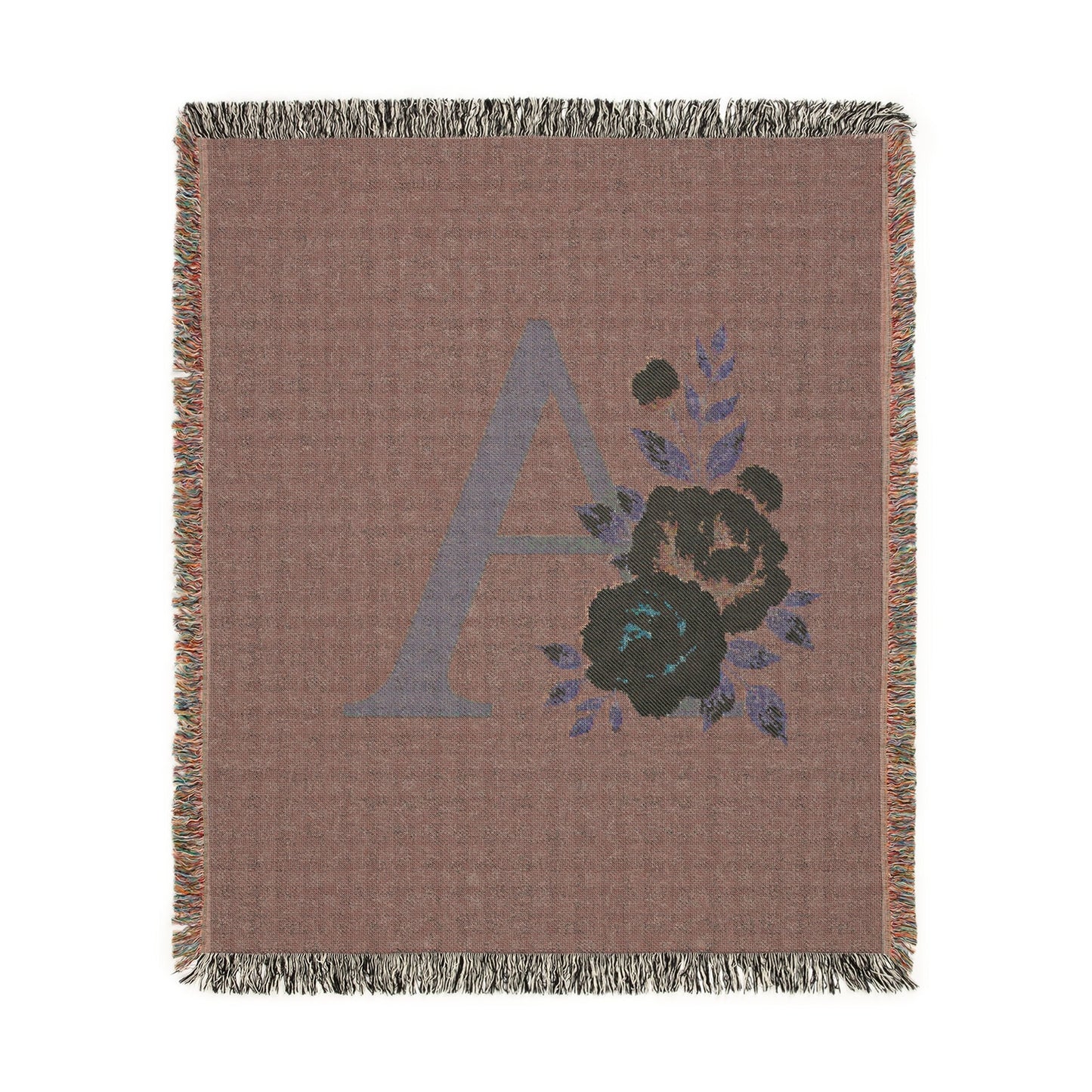 Floral Monogram A Woven Blanket (Blue Background) — Blue & Gold Rose Monogram Series | Southern Belle & Sea™ - Southern Belle & Sea