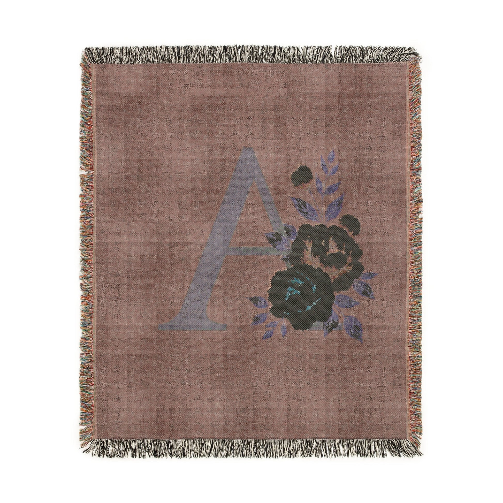Floral Monogram A Woven Blanket (Blue Background) — Blue & Gold Rose Monogram Series | Southern Belle & Sea™ - Southern Belle & Sea