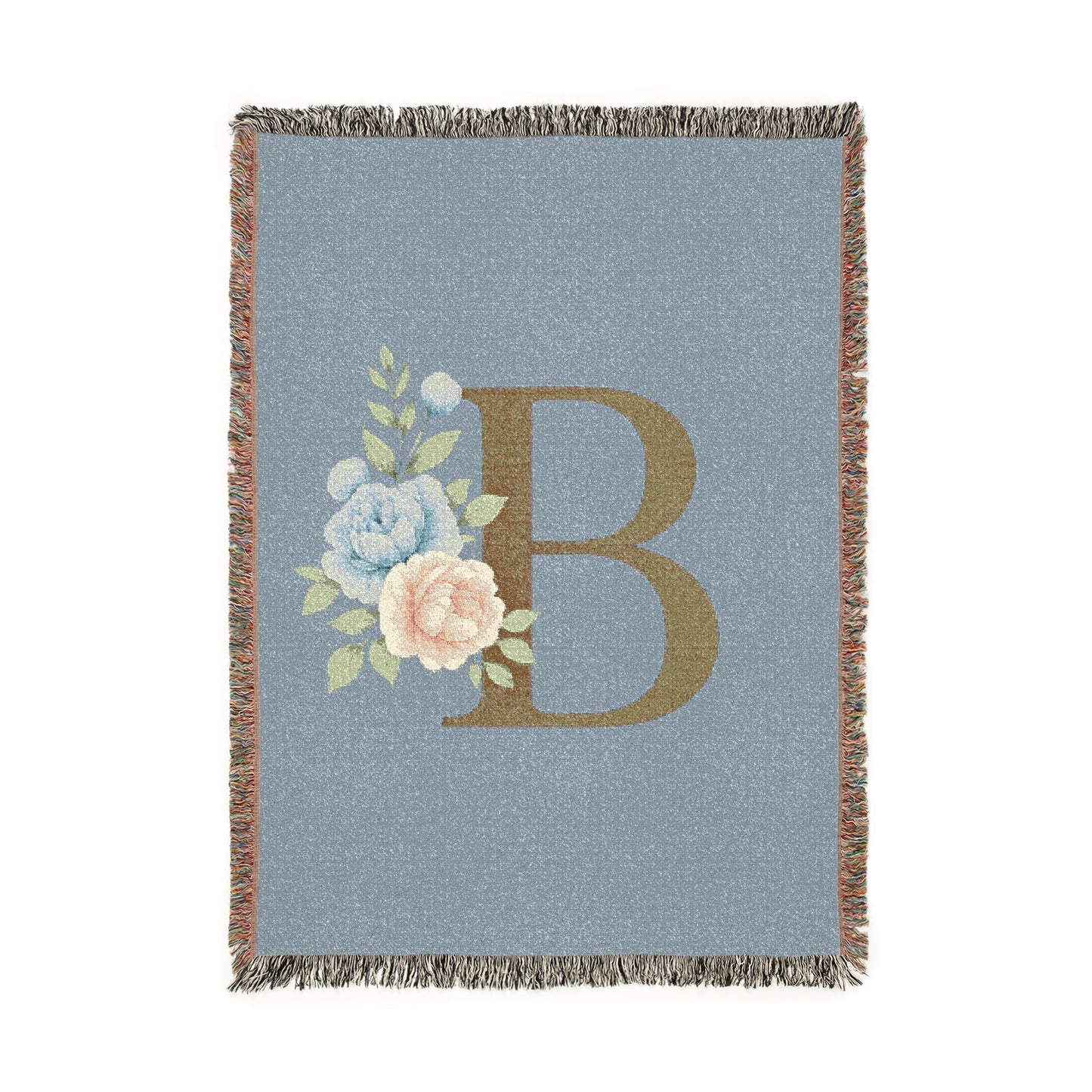 Floral Monogram B Woven Blanket (Blue Background) — Blue & Gold Rose Monogram Series | Southern Belle & Sea™ - Southern Belle & Sea