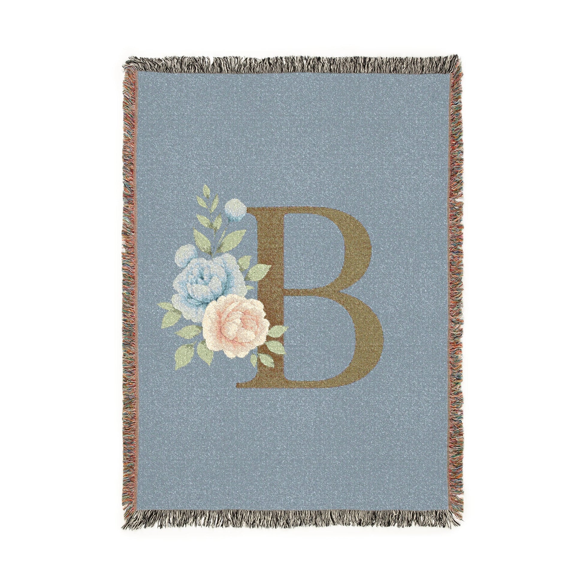 Floral Monogram B Woven Blanket (Blue Background) — Blue & Gold Rose Monogram Series | Southern Belle & Sea™ - Southern Belle & Sea