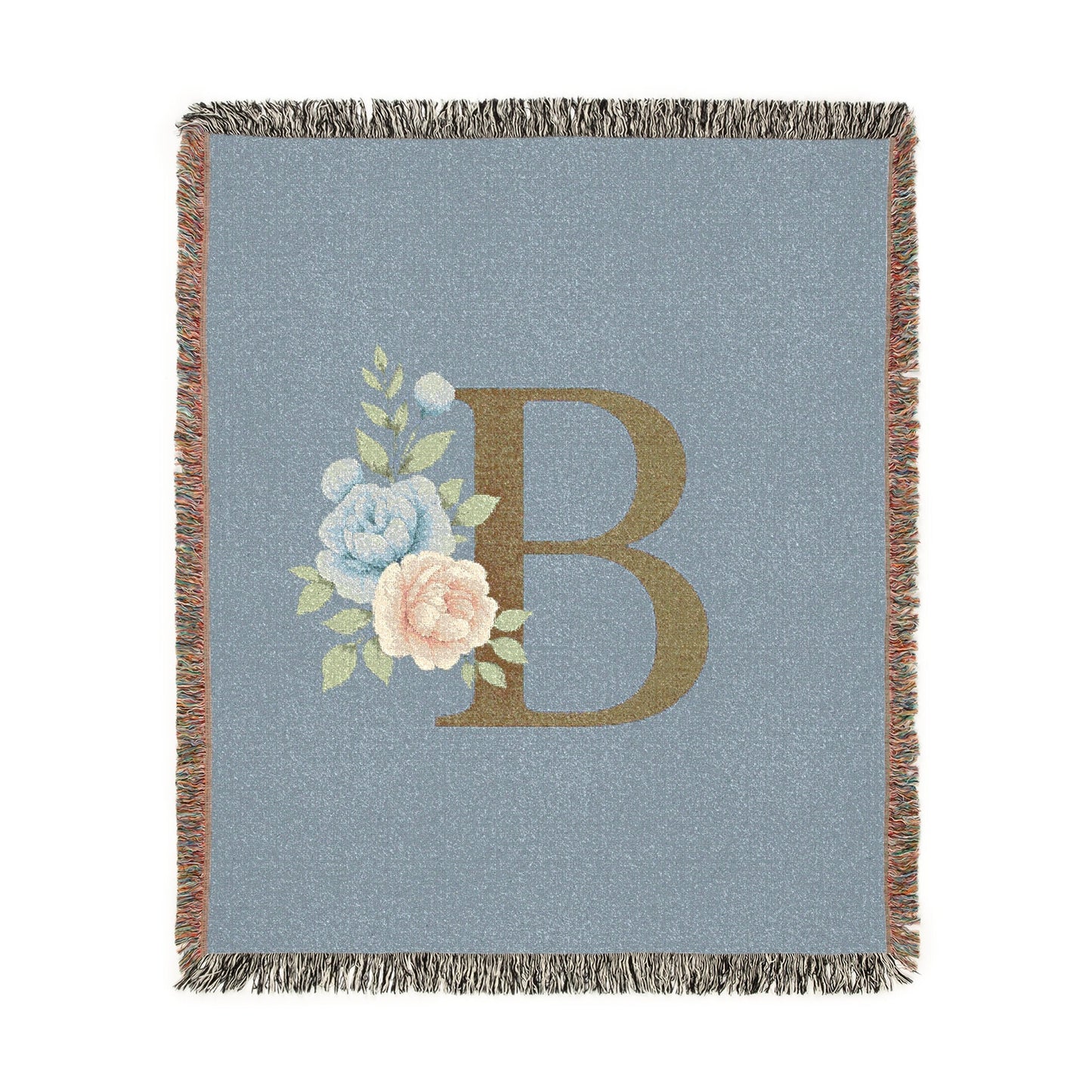 Floral Monogram B Woven Blanket (Blue Background) — Blue & Gold Rose Monogram Series | Southern Belle & Sea™ - Southern Belle & Sea