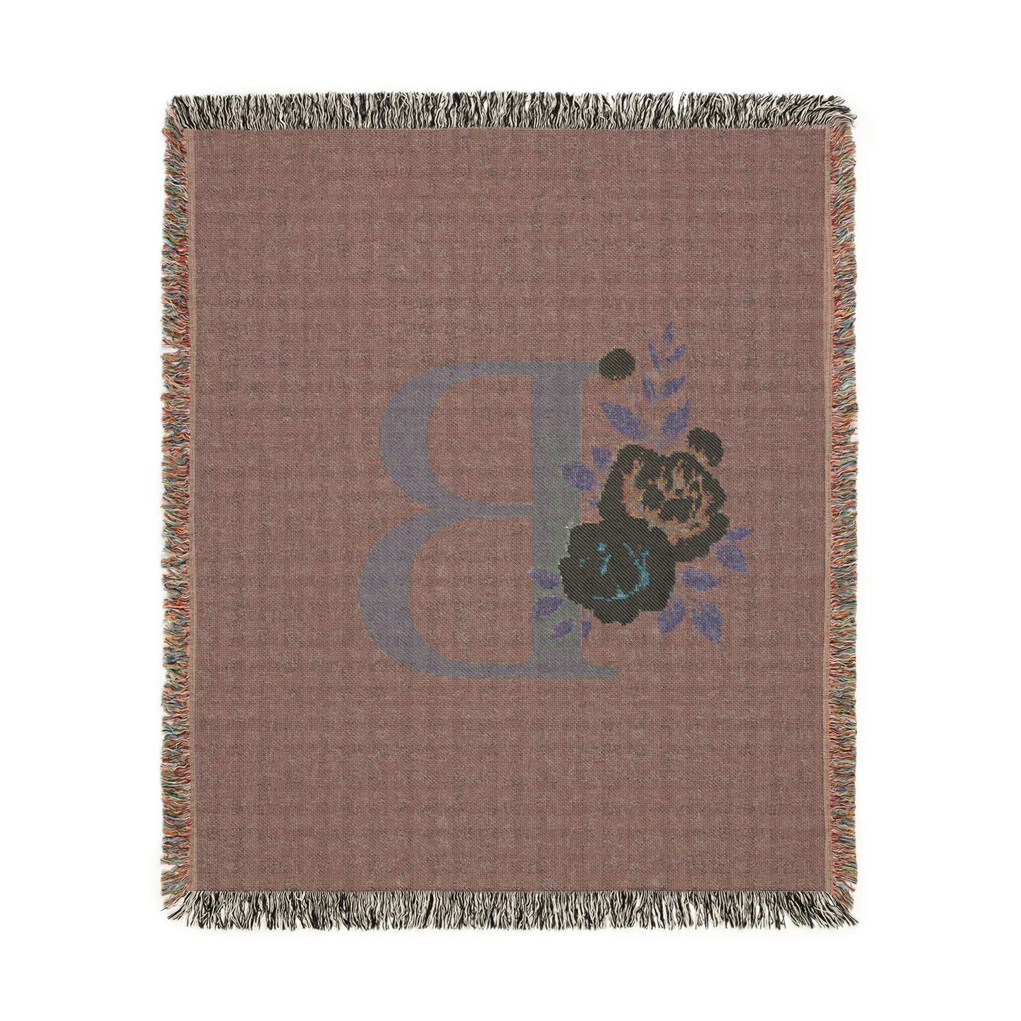 Floral Monogram B Woven Blanket (Blue Background) — Blue & Gold Rose Monogram Series | Southern Belle & Sea™ - Southern Belle & Sea