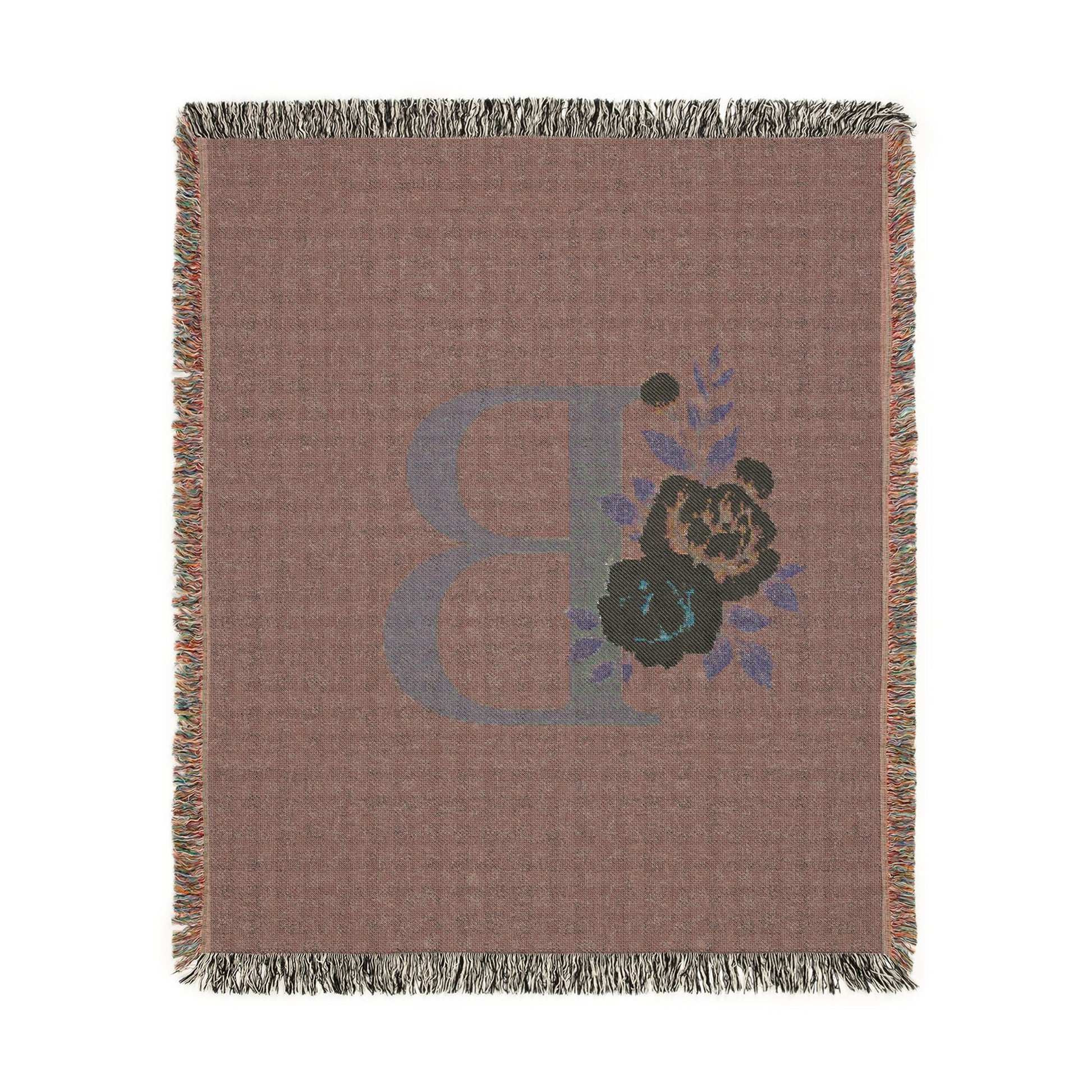 Floral Monogram B Woven Blanket (Blue Background) — Blue & Gold Rose Monogram Series | Southern Belle & Sea™ - Southern Belle & Sea