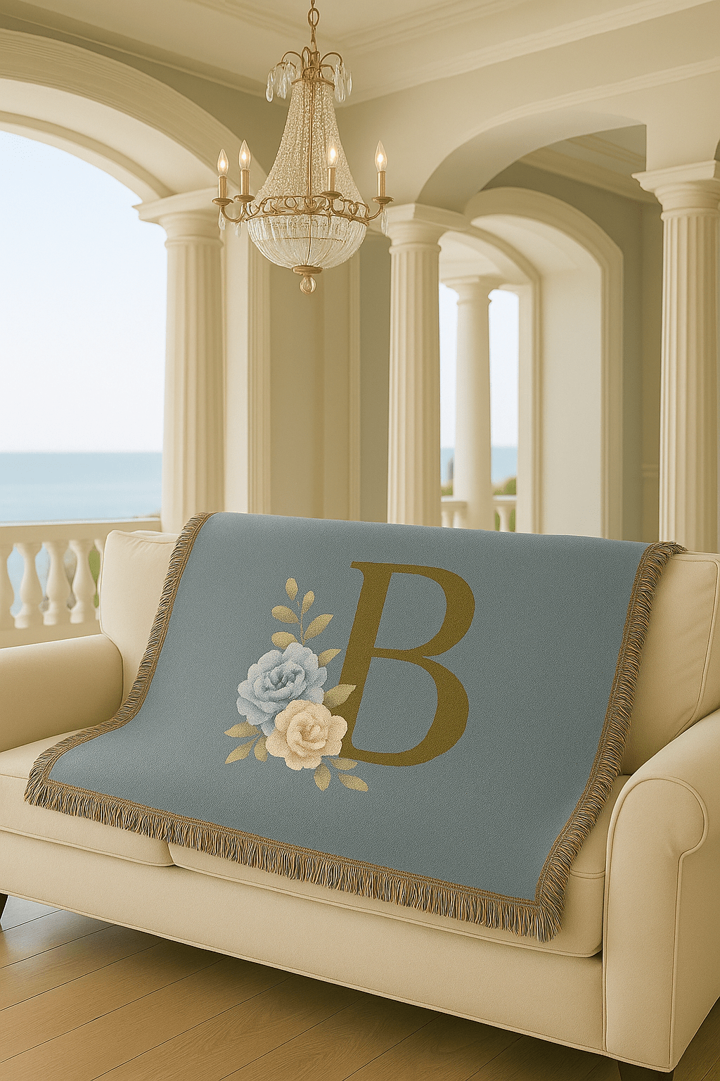 Floral Monogram B Woven Blanket (Blue Background) — Blue & Gold Rose Monogram Series | Southern Belle & Sea™ - Southern Belle & Sea