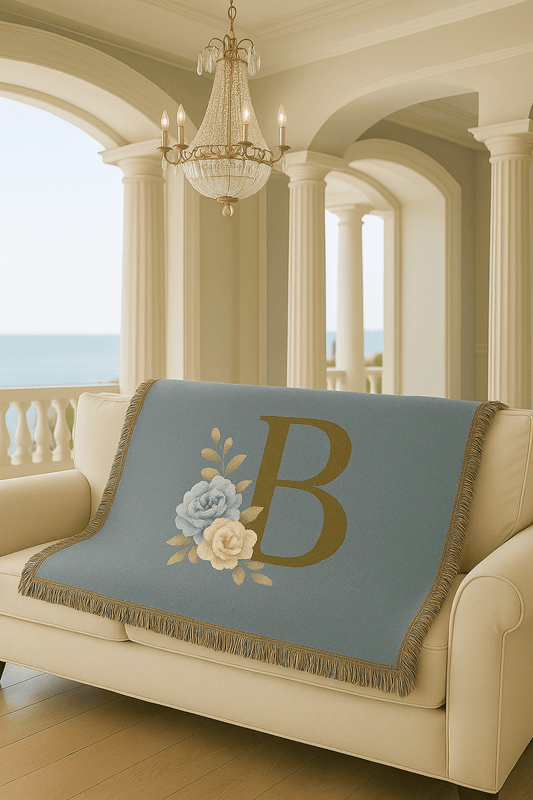 Floral Monogram B Woven Blanket (Blue Background) — Blue & Gold Rose Monogram Series | Southern Belle & Sea™ - Southern Belle & Sea