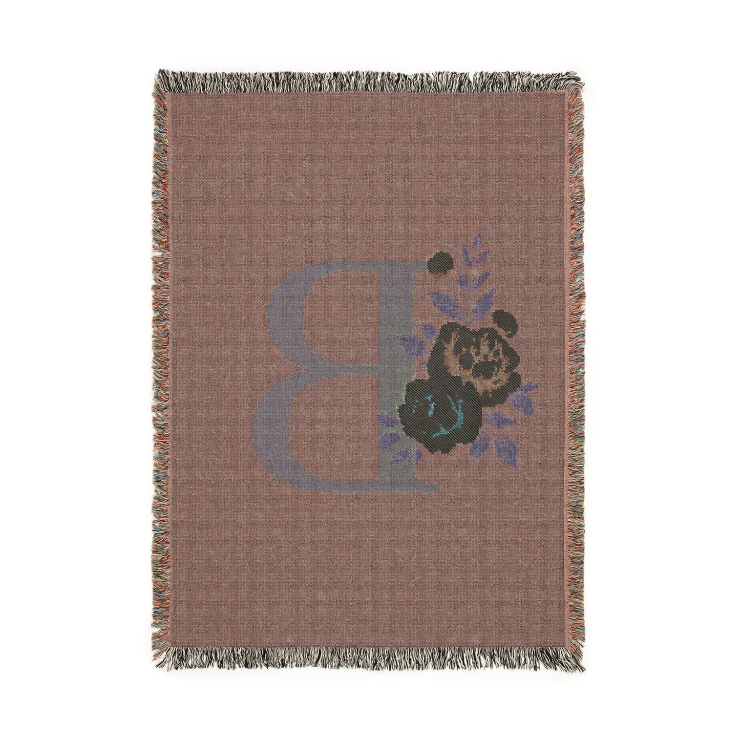 Floral Monogram B Woven Blanket (Blue Background) — Blue & Gold Rose Monogram Series | Southern Belle & Sea™ - Southern Belle & Sea