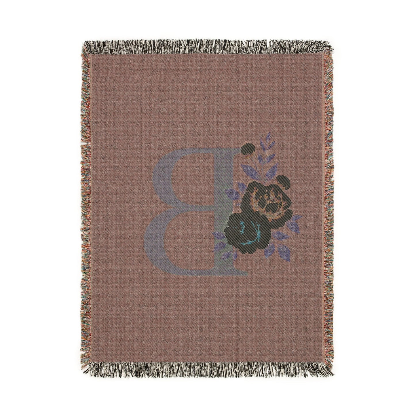 Floral Monogram B Woven Blanket (Blue Background) — Blue & Gold Rose Monogram Series | Southern Belle & Sea™ - Southern Belle & Sea
