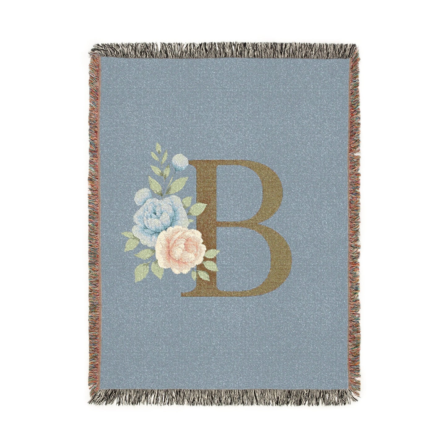 Floral Monogram B Woven Blanket (Blue Background) — Blue & Gold Rose Monogram Series | Southern Belle & Sea™ - Southern Belle & Sea