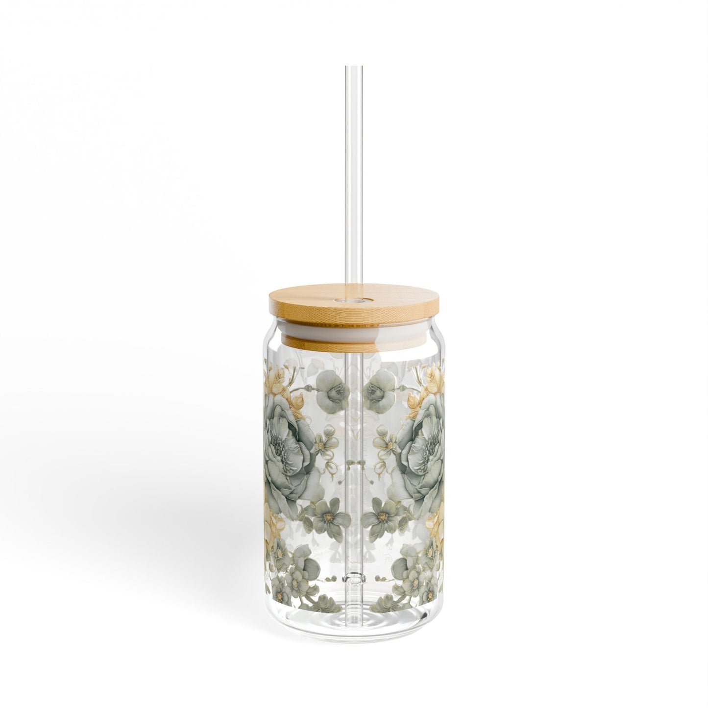 Floral Serenity 16oz Sipper Glass with Bamboo Lid & Straw — Southern Belle & Sea™ - Southern Belle & Sea