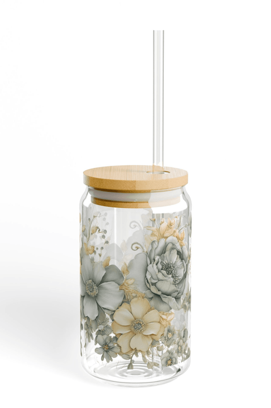 Floral Serenity 16oz Sipper Glass with Bamboo Lid & Straw — Southern Belle & Sea™ - Southern Belle & Sea